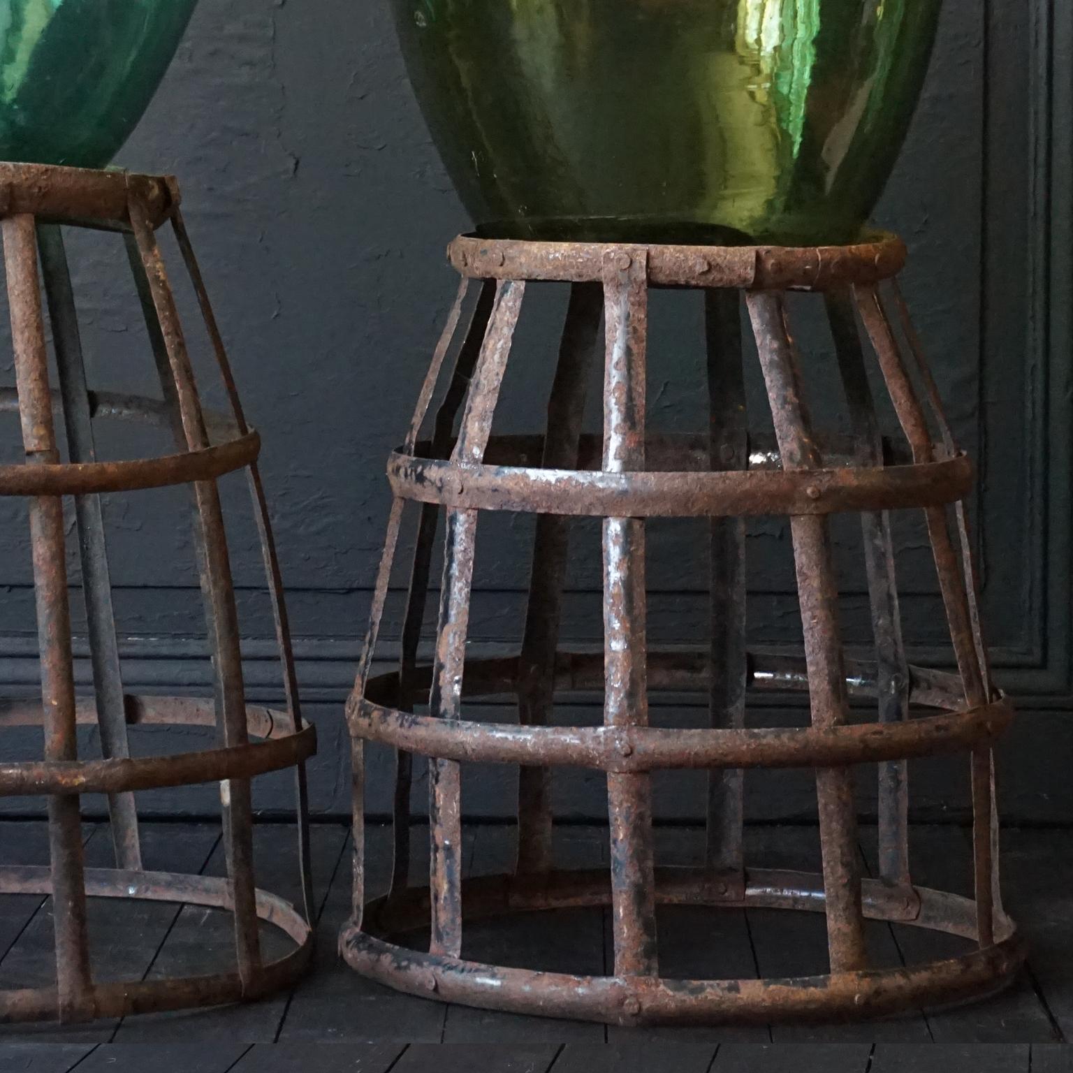 Set of Four 1920s French Green Demijohns, Lady Jeanne or Carboys in Metal Basket 10