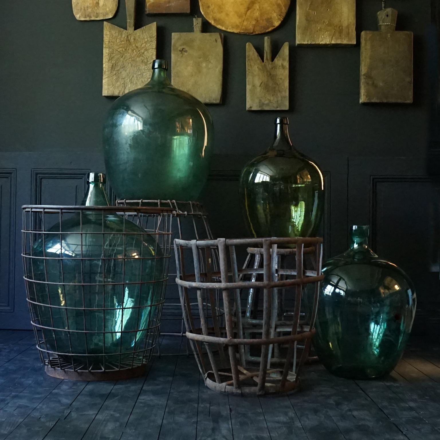 Set of Four 1920s French Green Demijohns, Lady Jeanne or Carboys in Metal Basket 2