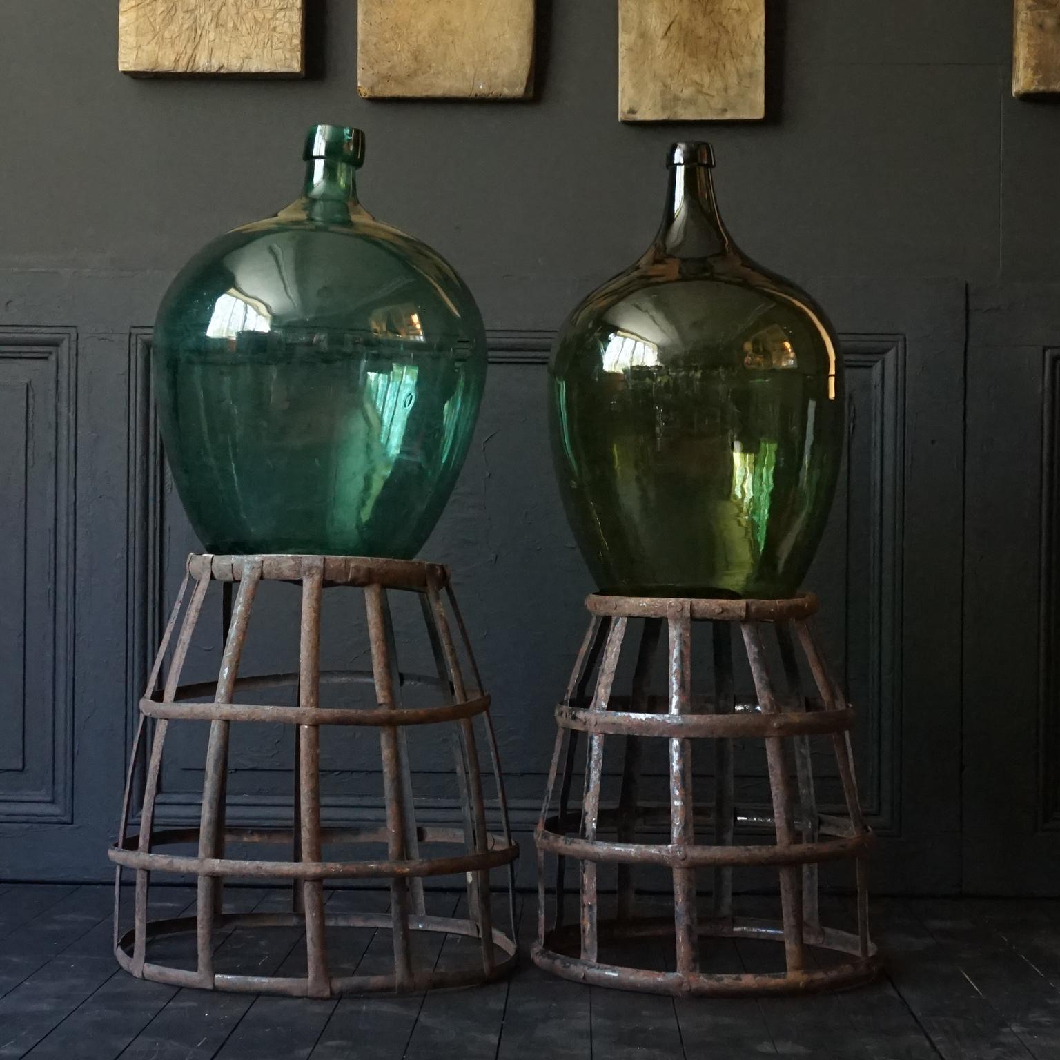 Set of Four 1920s French Green Demijohns, Lady Jeanne or Carboys in Metal Basket 4