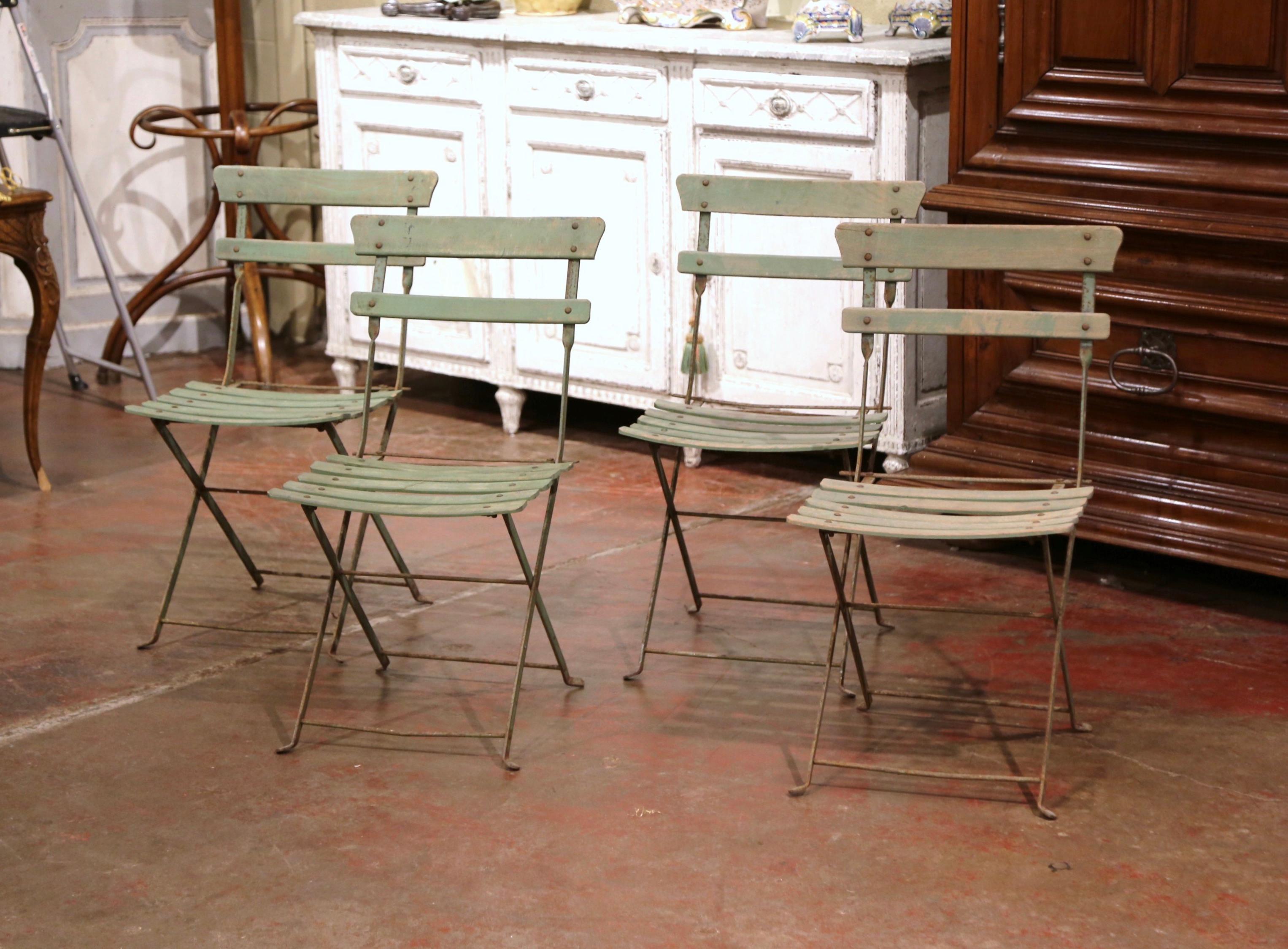 Hand-Carved Set of Four 1920s French Iron and Wood Painted Folding Garden Chairs