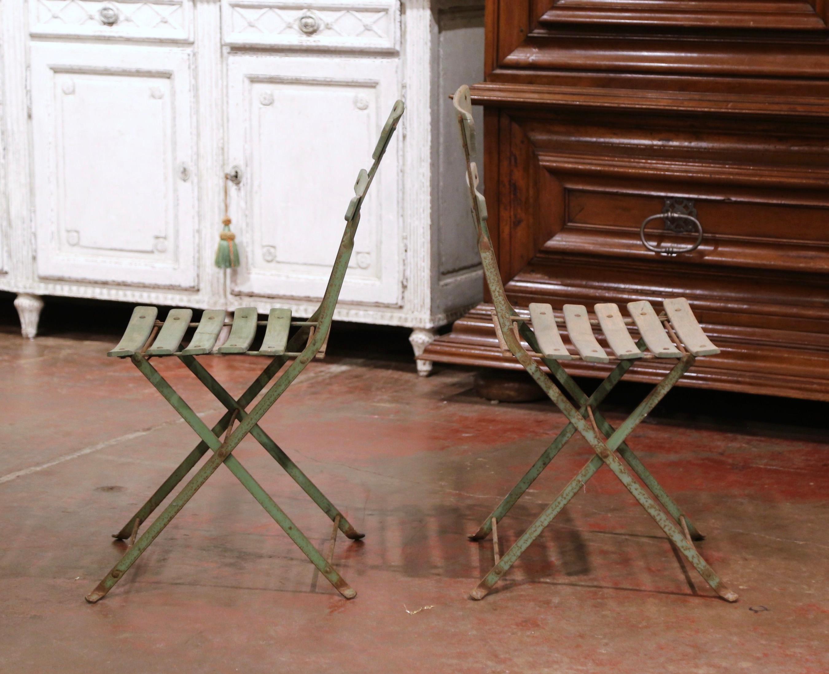 20th Century Set of Four 1920s French Iron and Wood Painted Folding Garden Chairs