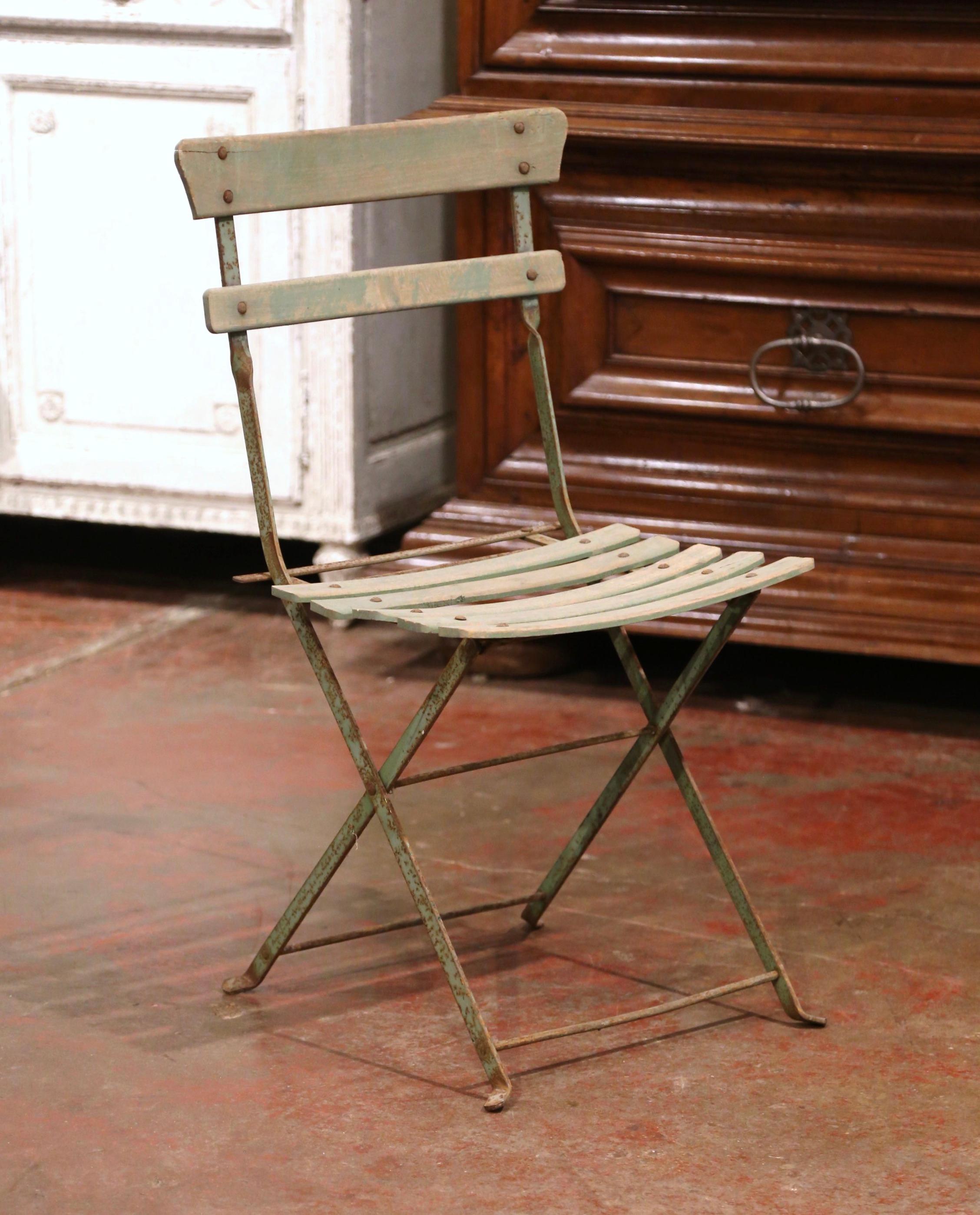 Set of Four 1920s French Iron and Wood Painted Folding Garden Chairs 1