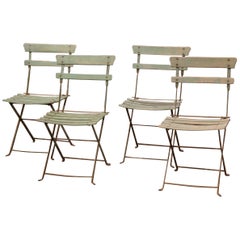 Antique Set of Four 1920s French Iron and Wood Painted Folding Garden Chairs