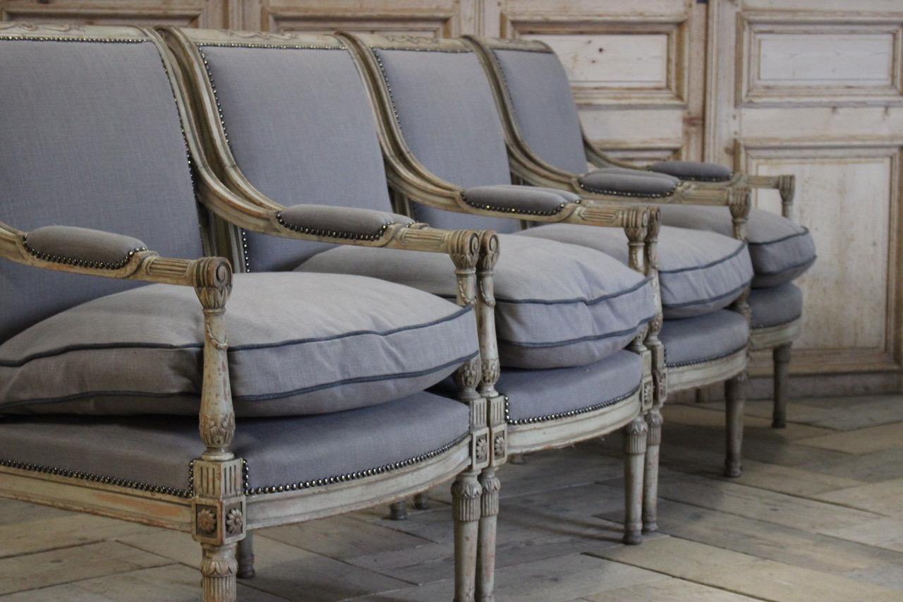 A good set of four French painted armchairs in the Empire taste, retaining the original paint and recently reupholstered by us.
Please note that the price is for the four armchairs, but we are very happy to split them into two pairs, circa
