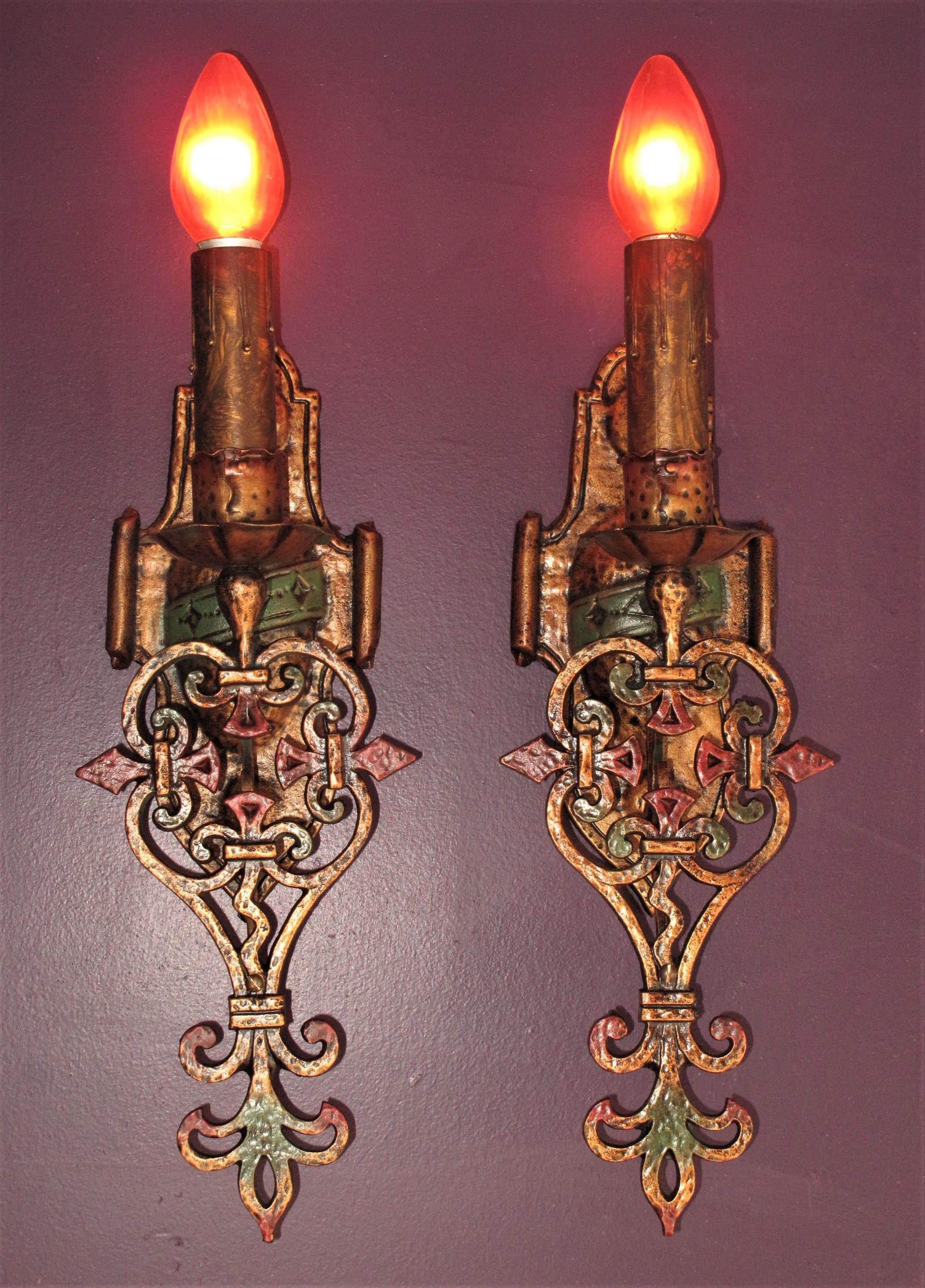 Set of Six 1920s Large Cast Iron Spanish Revival Sconces For Sale 4