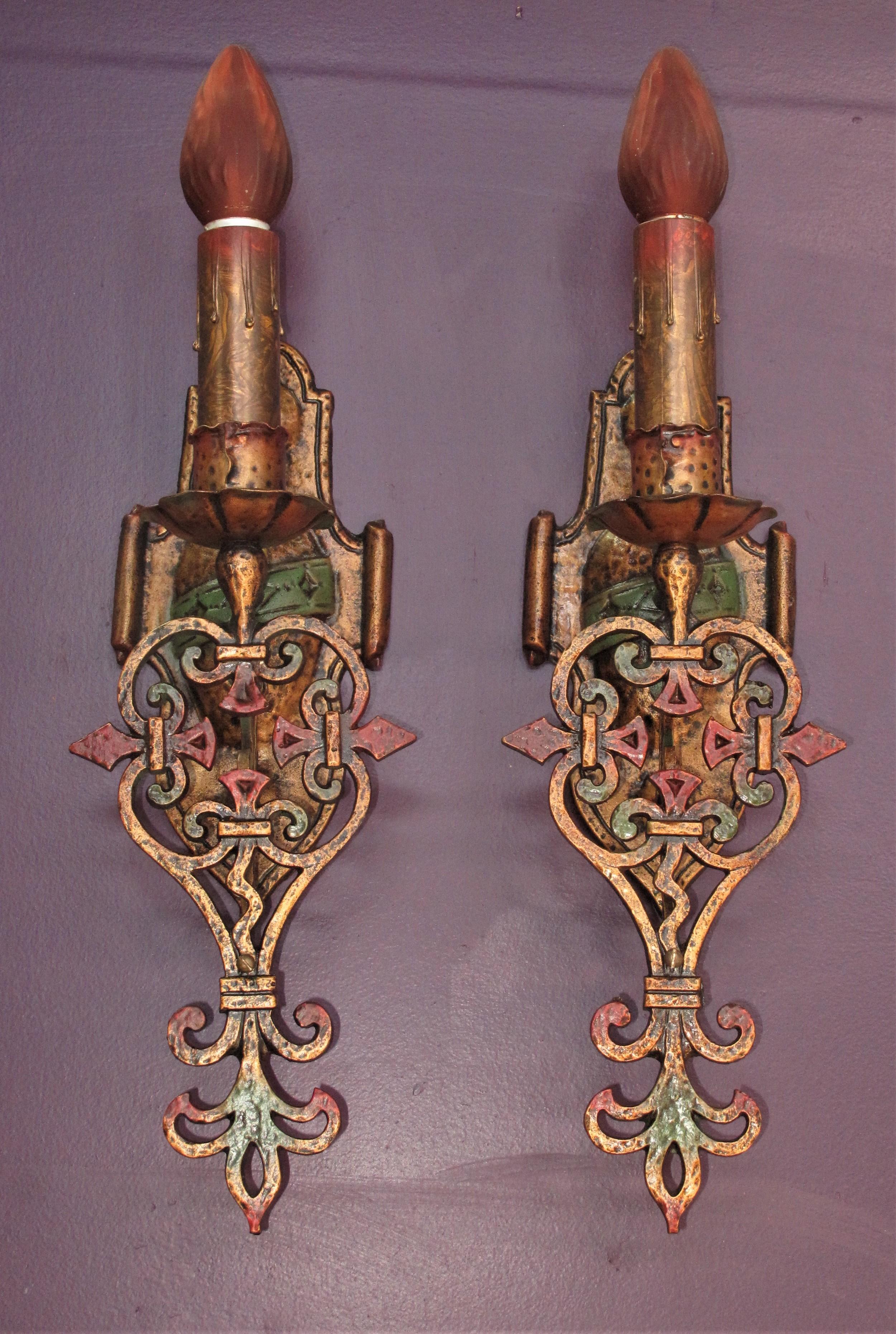 American Set of Six 1920s Large Cast Iron Spanish Revival Sconces For Sale