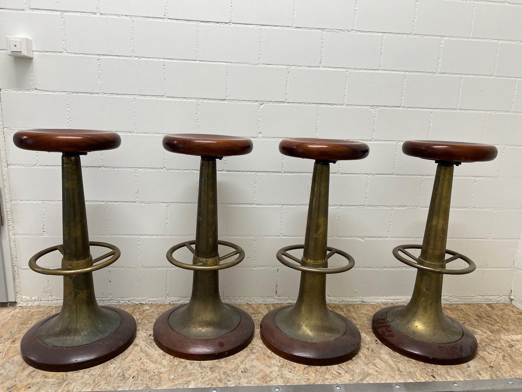 Set of Four 1920s, 30s Brass and Mahogany Bar Stools Italian Nautical Antiques / Giuseppe Verdi Ship's Furniture