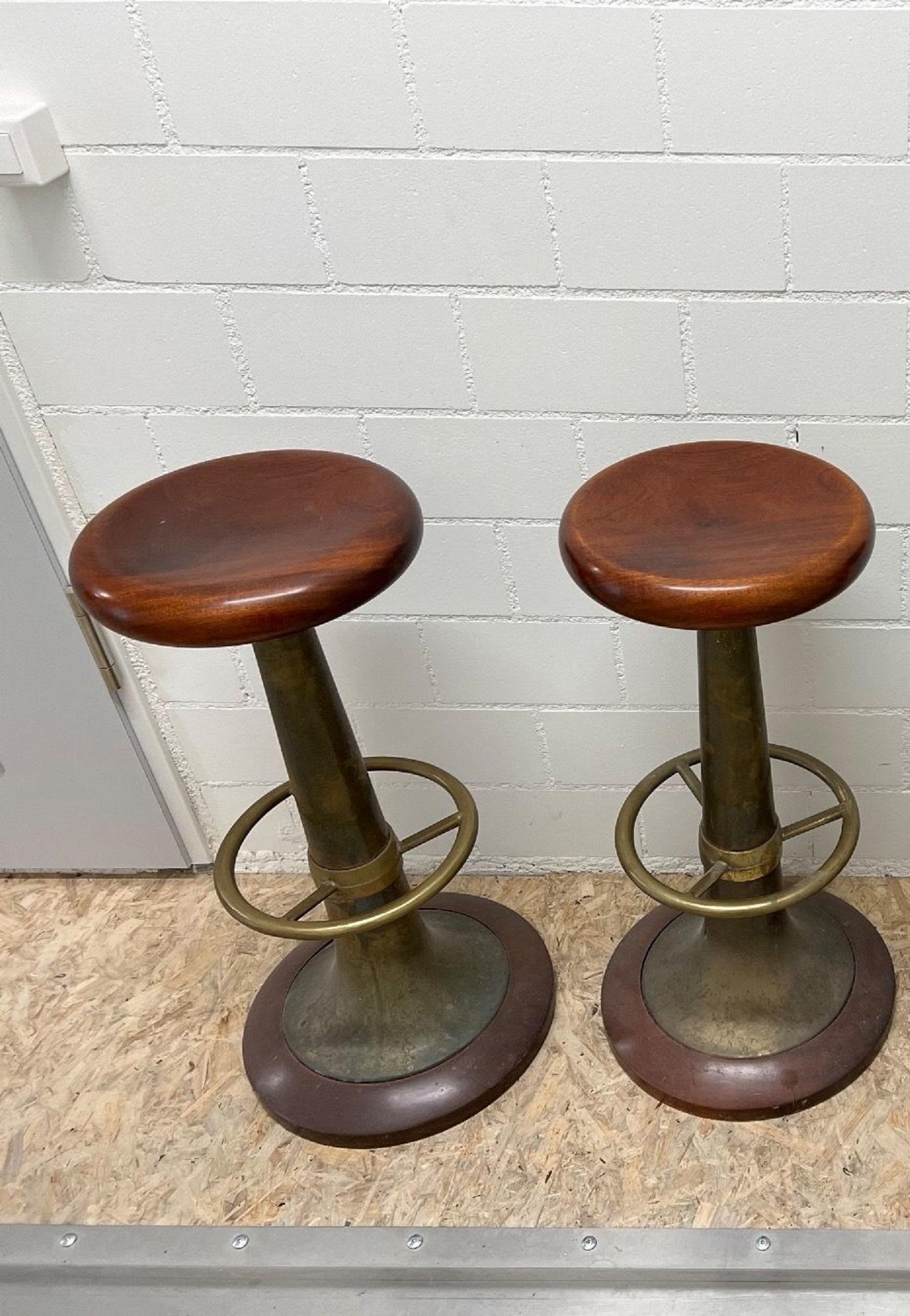 Mid-20th Century Set of Four 1930s Brass and Mahogany Bar Stools Italian Nautical Antiques