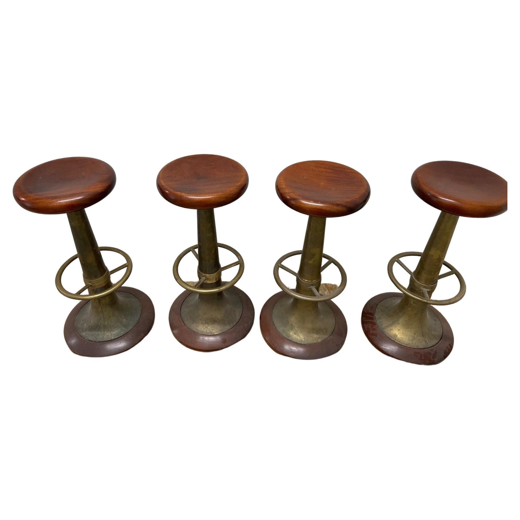 Set of Four Chic Bar Stools with Brass Sabots and Footrests at 1stDibs