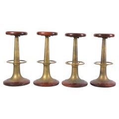 Set of Four 1930s Brass and Mahogany Bar Stools Italian Nautical Antiques 