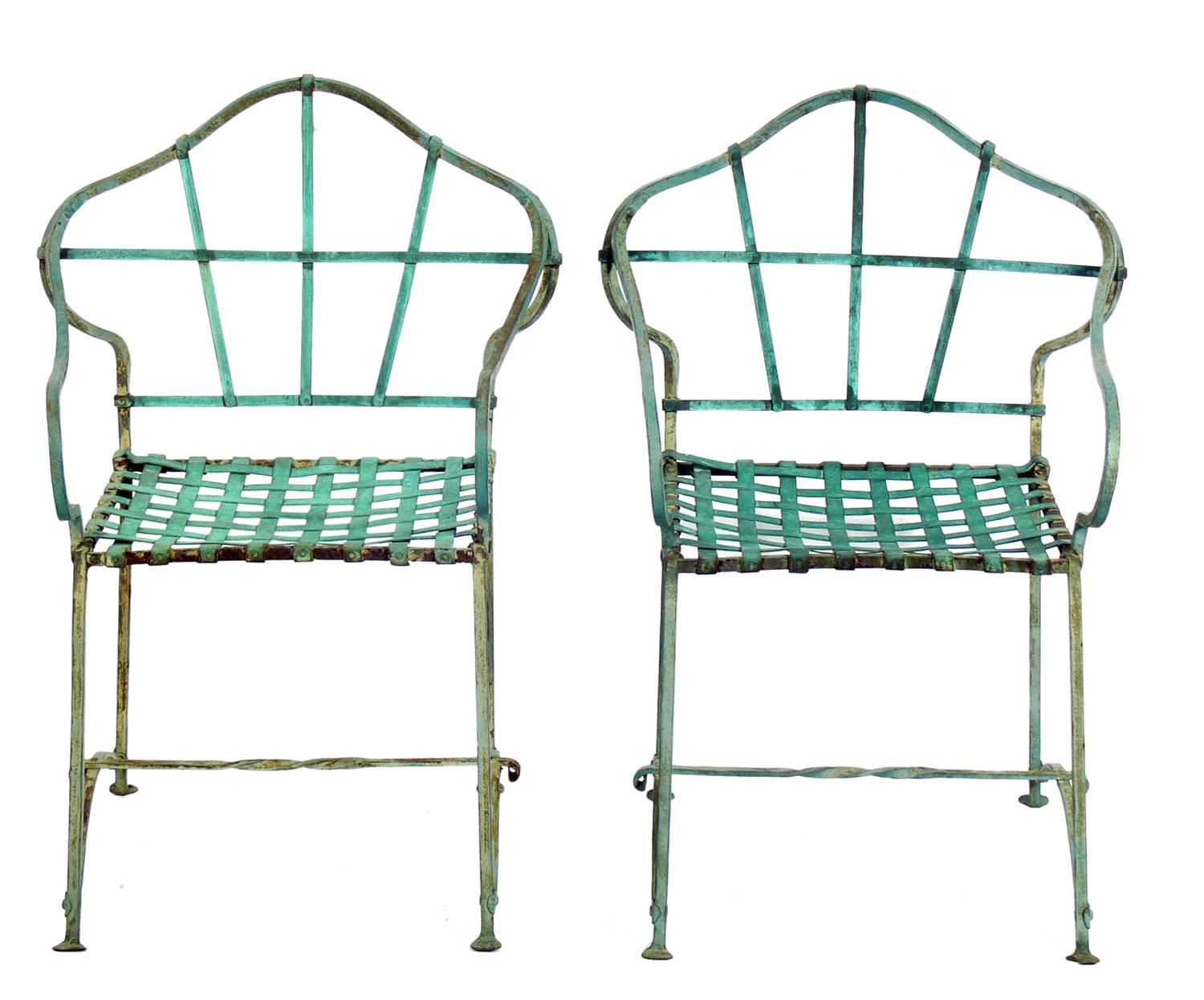 Set of four iron patio chairs, American, probably Italian, circa 1930s. They retain their wonderful original Verdigris patina.