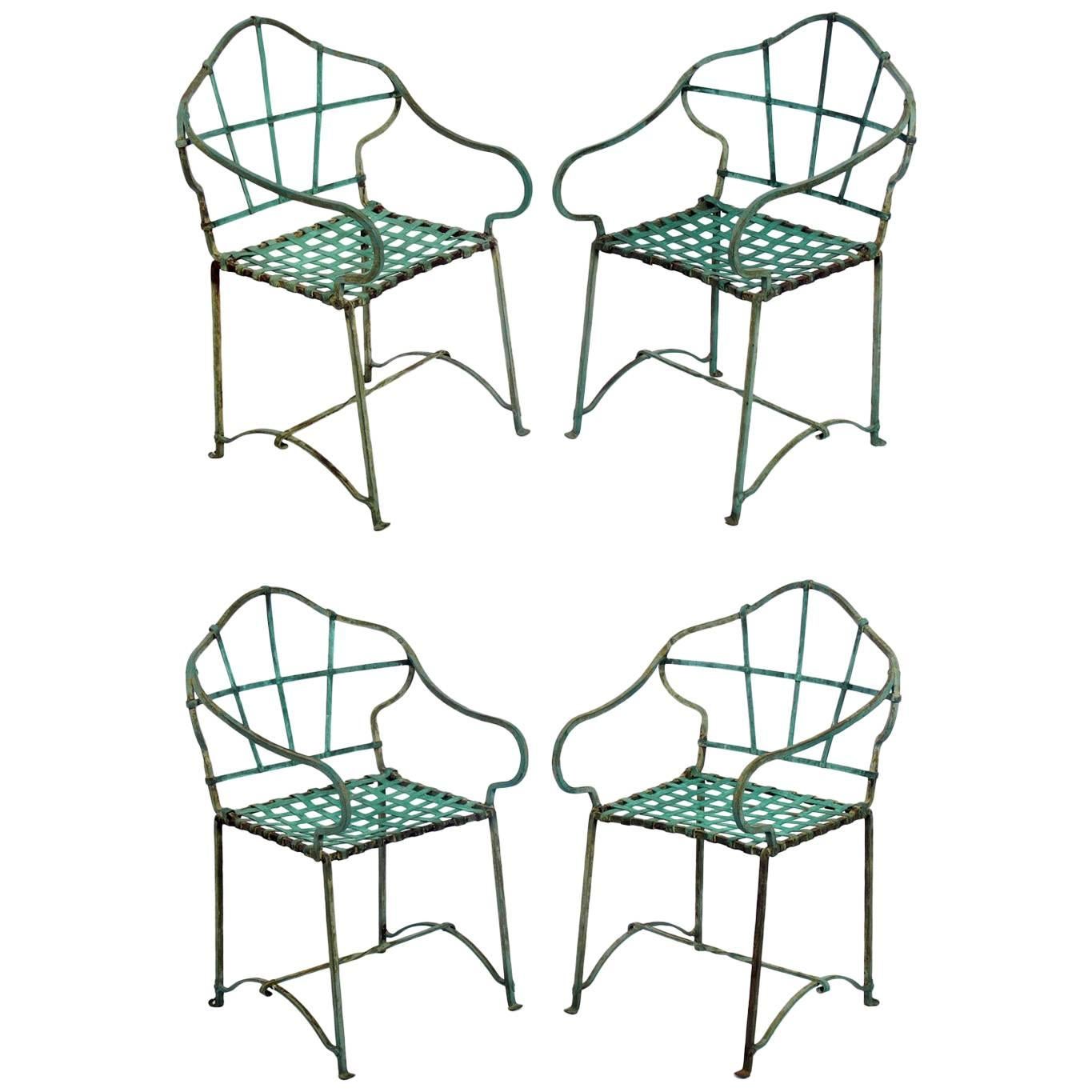 Set of Four 1930s Iron Patio Chairs with Original Verdigris Patina