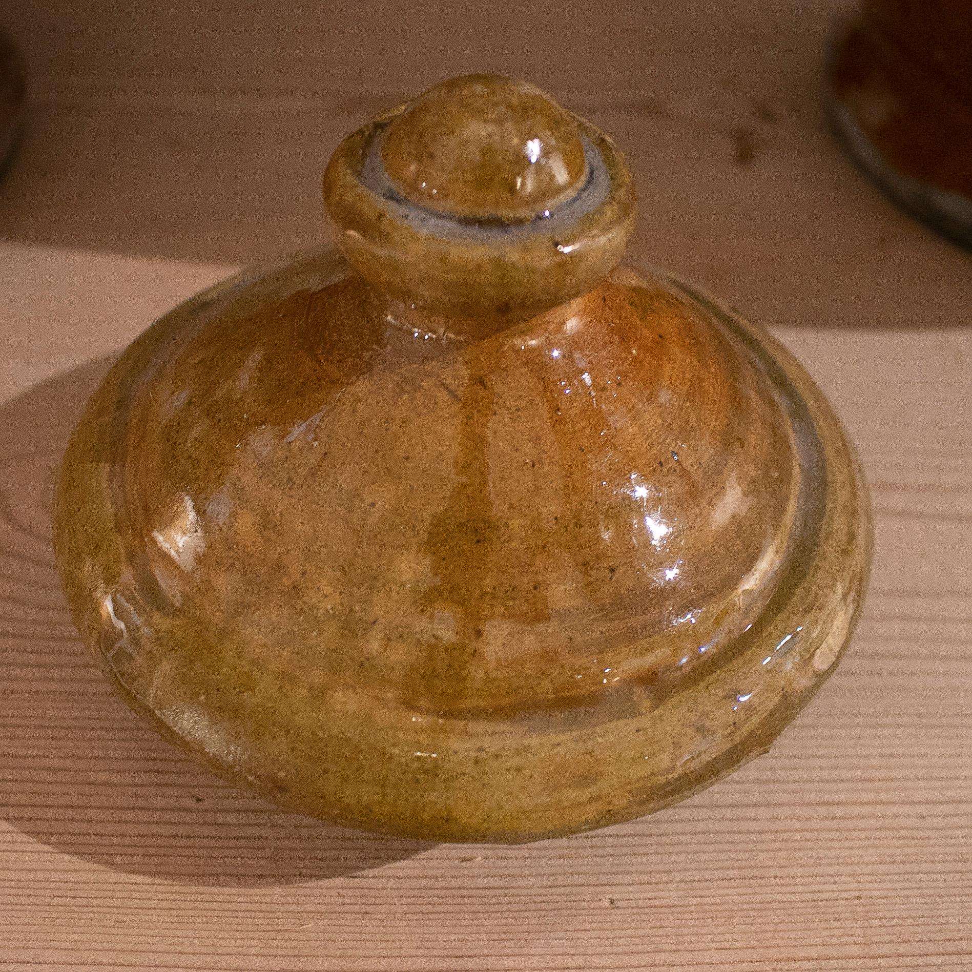 Set of Four 1930s Spanish Brown Glazed Terracotta Ceramic Urns w/ Lids 9