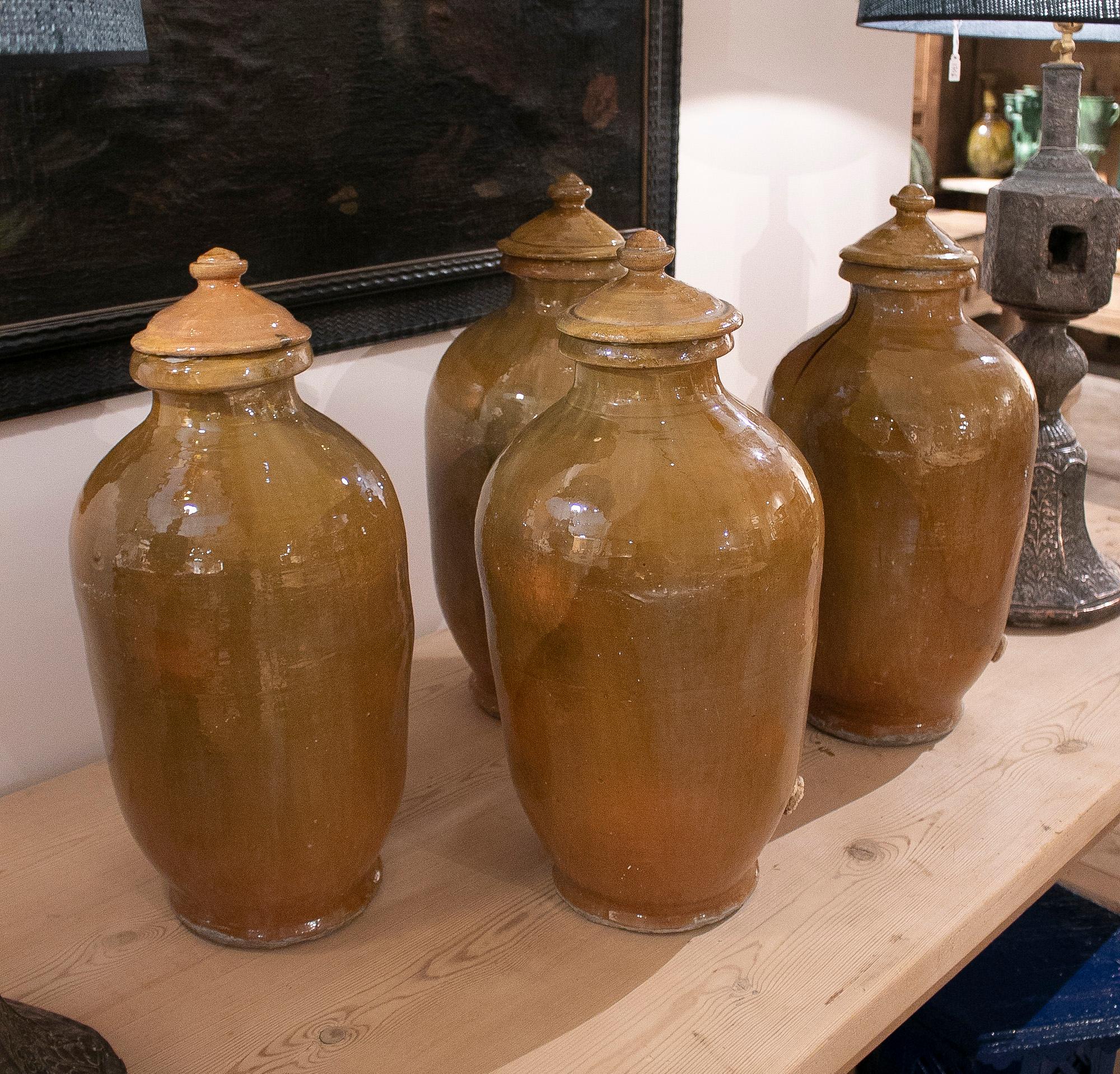 20th Century Set of Four 1930s Spanish Brown Glazed Terracotta Ceramic Urns w/ Lids