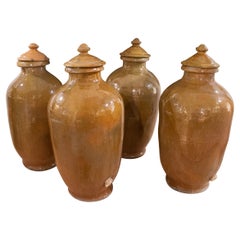Antique Set of Four 1930s Spanish Brown Glazed Terracotta Ceramic Urns w/ Lids