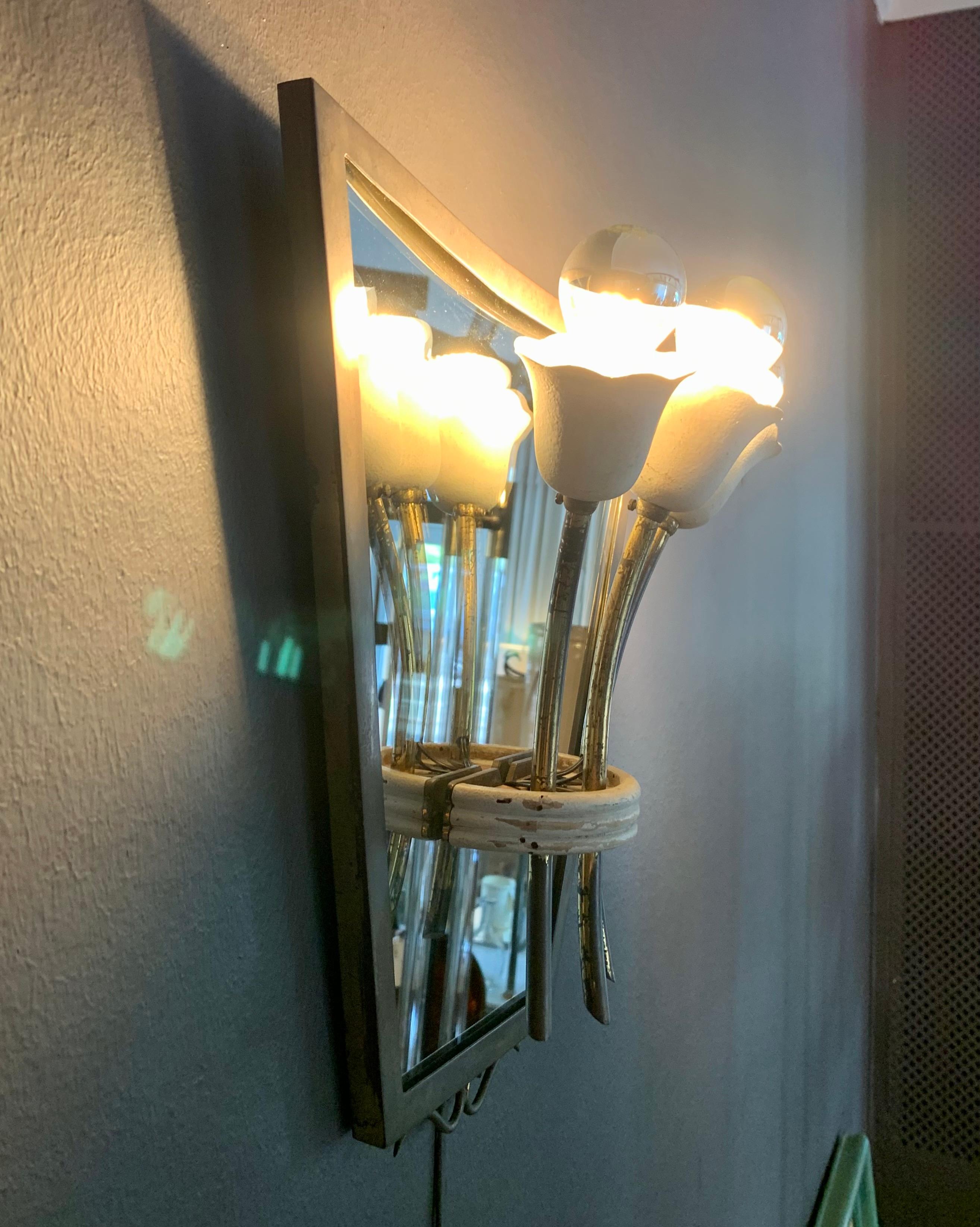 Metal Set of four 1940s brass and mirror sconces For Sale