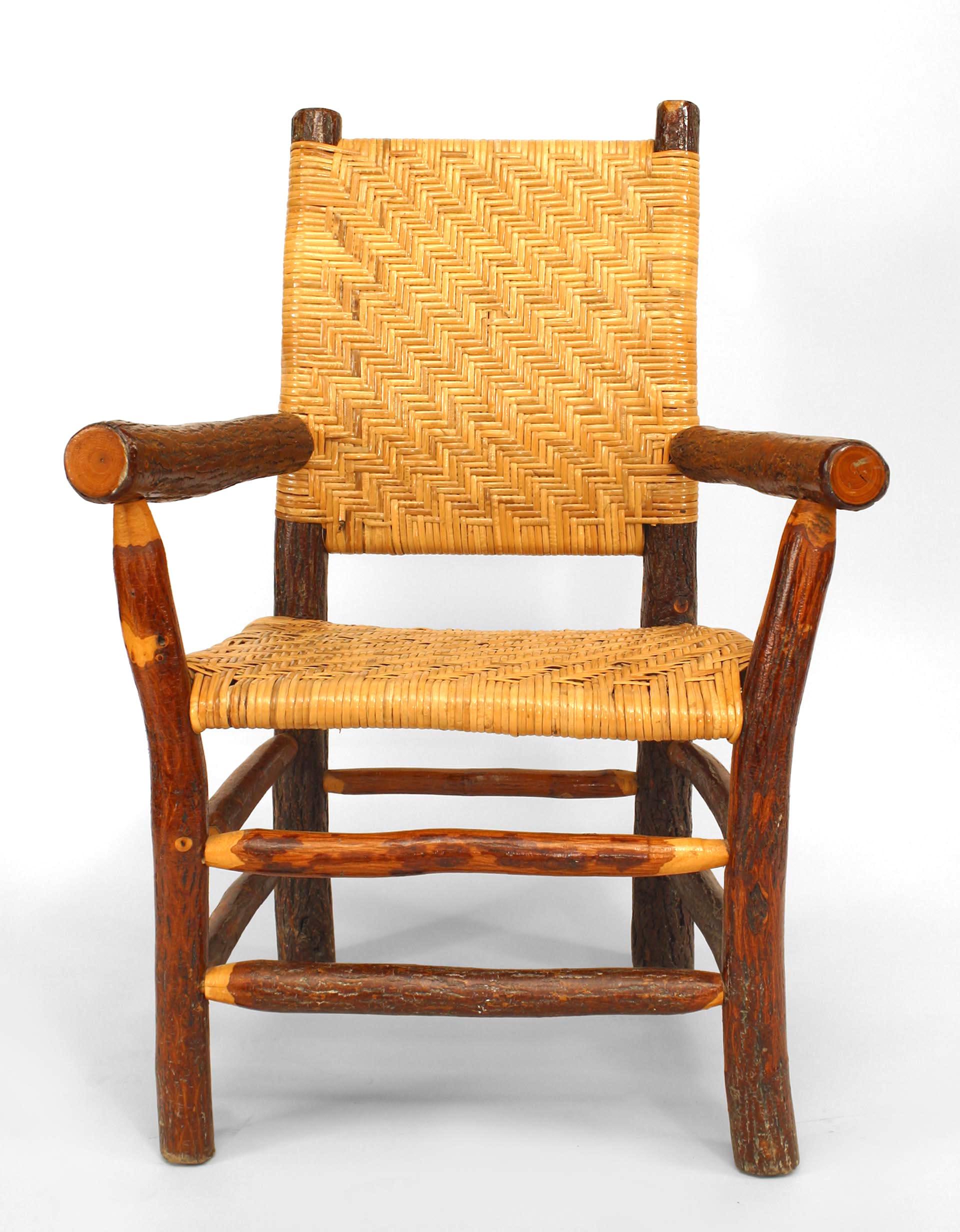 Set of 4 American Rustic Old Hickory (1940s) open arm chairs with a woven seat & back and a box form double stretcher.
