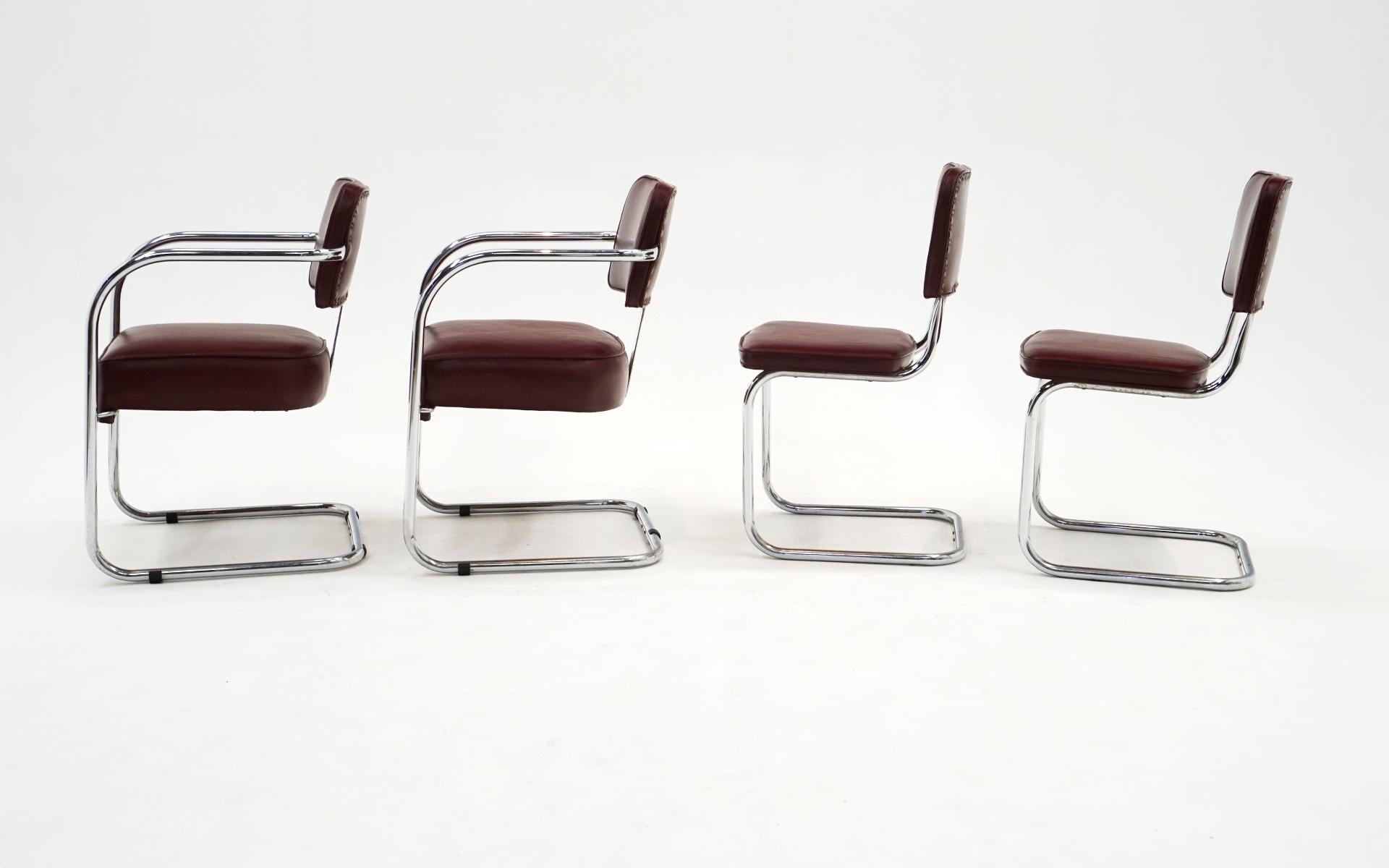 Machine Age Set of Four 1940s Tubular Chrome Chairs in Original Oxblood Leather like Vinyl For Sale