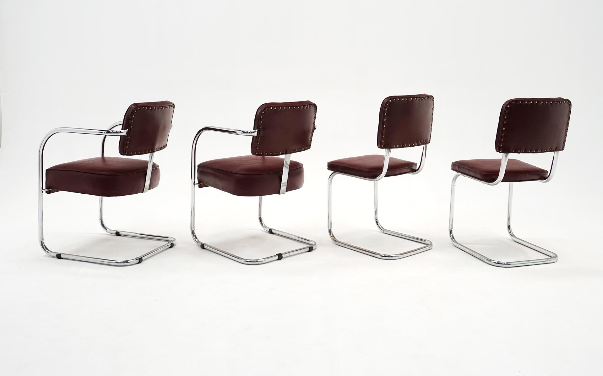 American Set of Four 1940s Tubular Chrome Chairs in Original Oxblood Leather like Vinyl For Sale