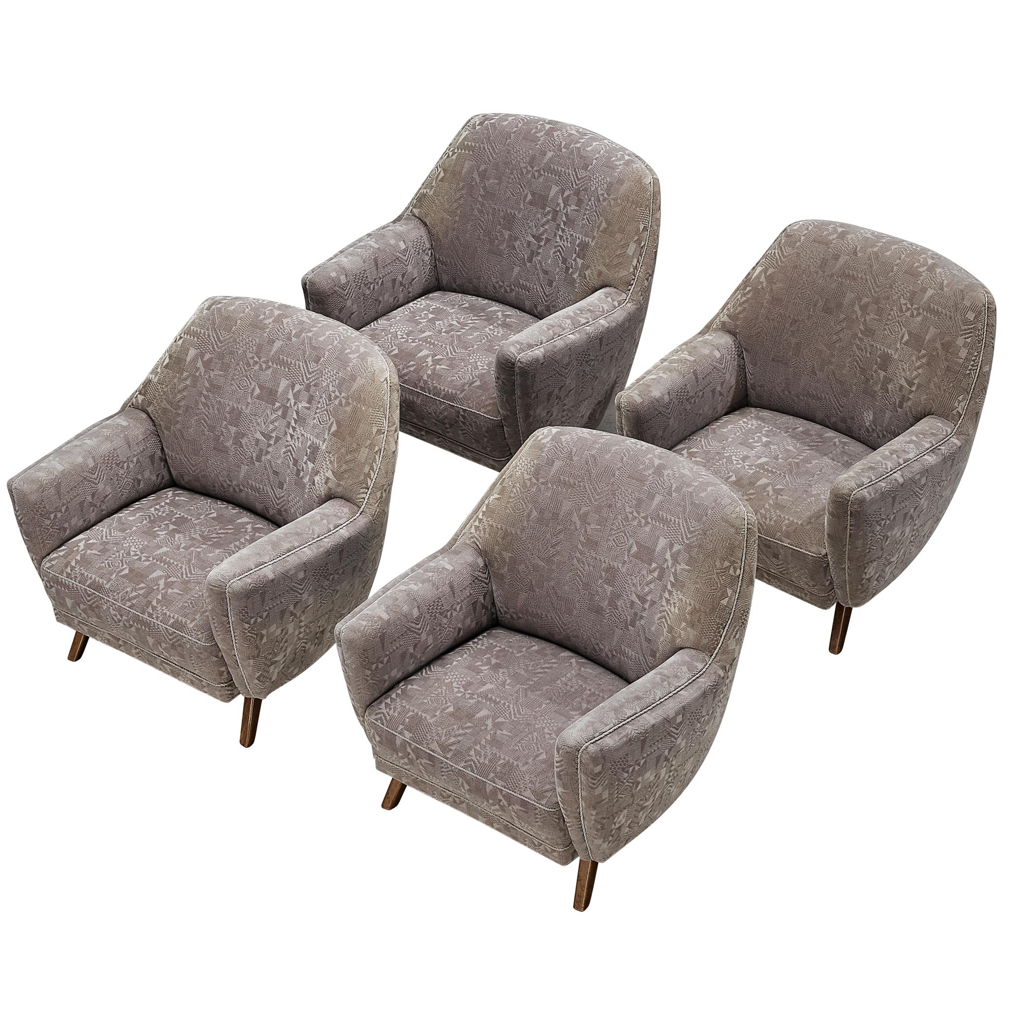 Set of Four 1950s Armchairs in Grey Geometric Velvet with Wooden Legs