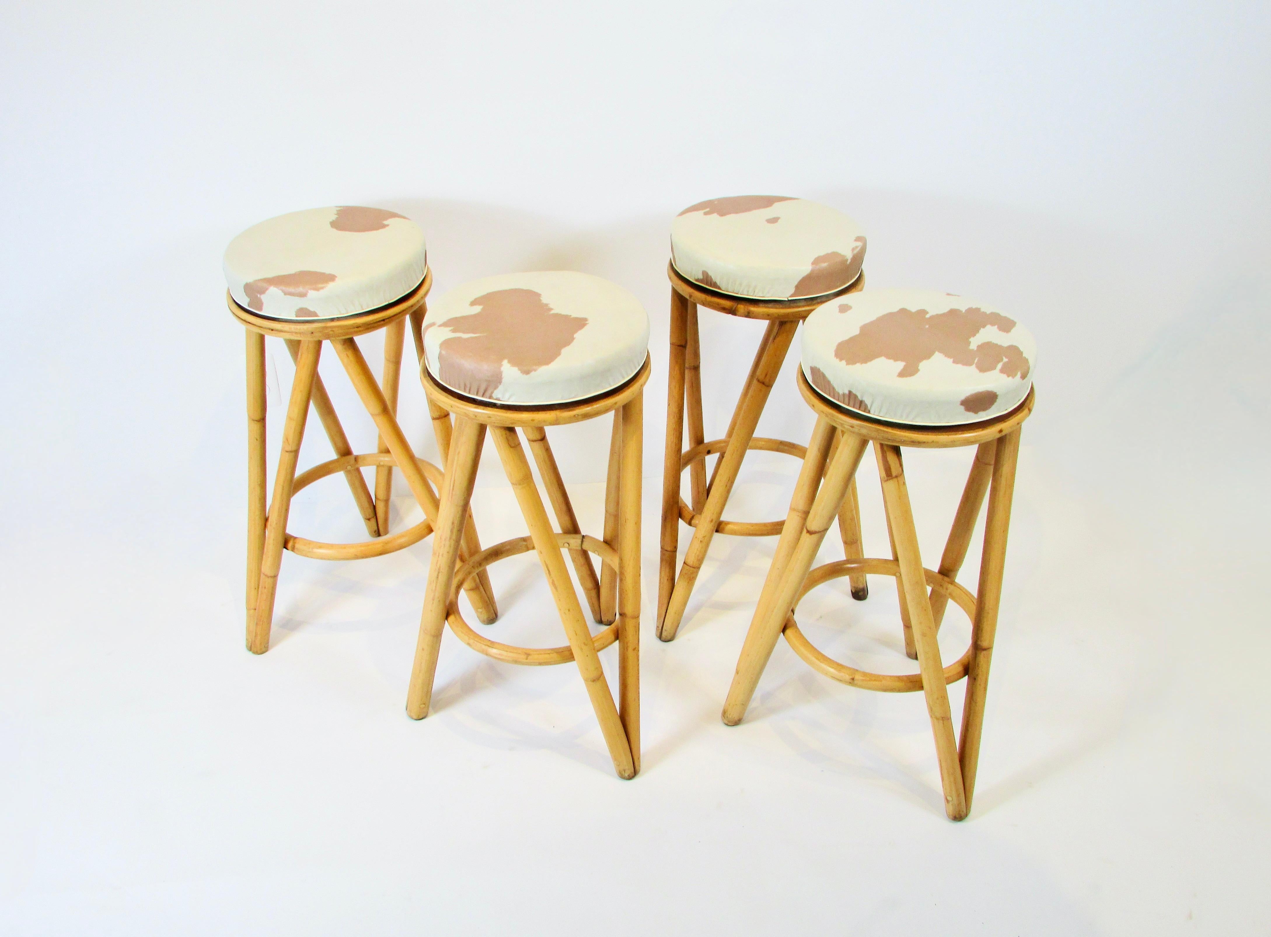 Bamboo Set of four 1950s bamboo tiki bar stools with swivel tops For Sale