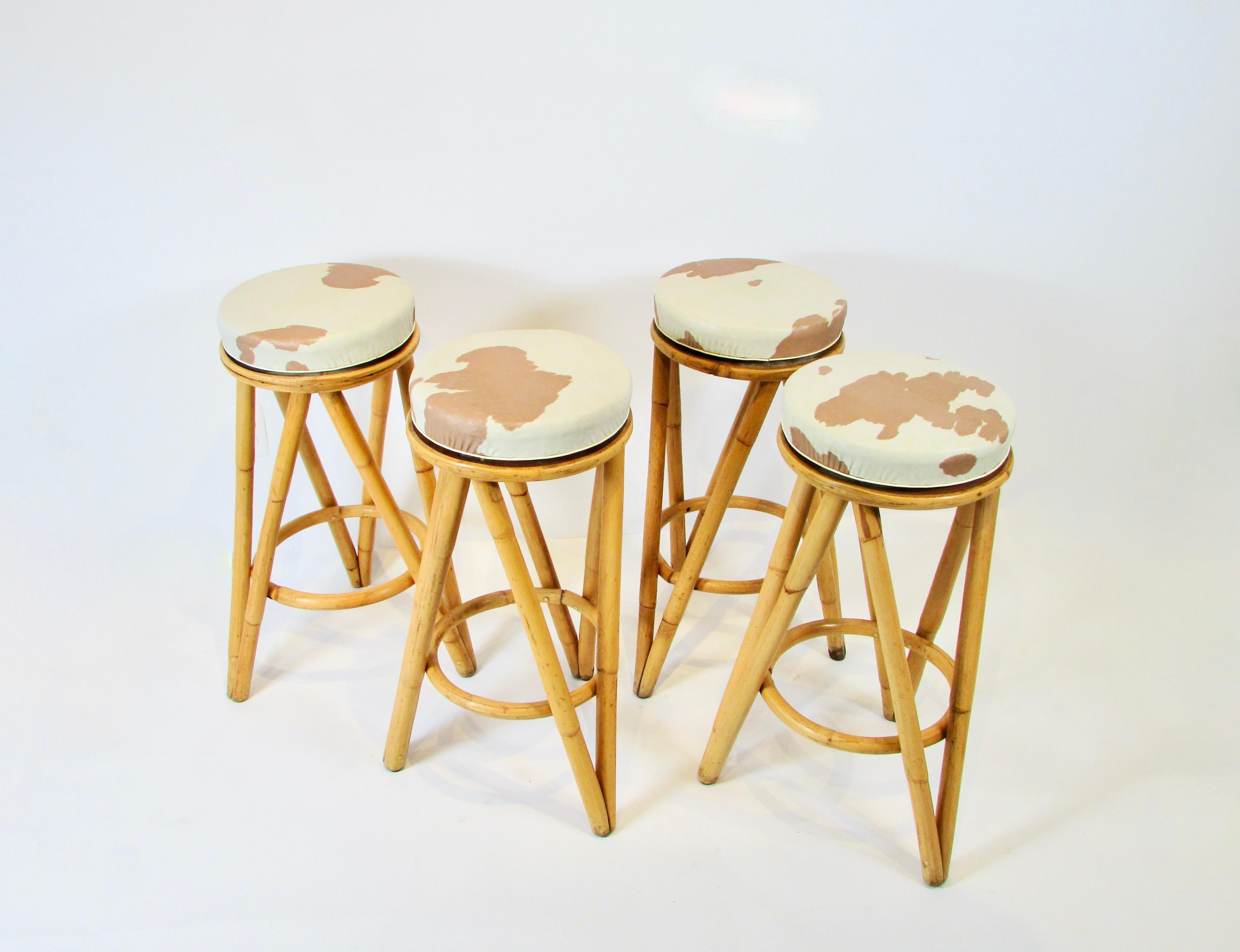 20th Century Set of four 1950s bamboo tiki bar stools with swivel tops For Sale