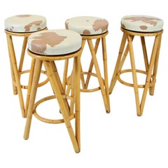 Used Set of four 1950s bamboo tiki bar stools with swivel tops