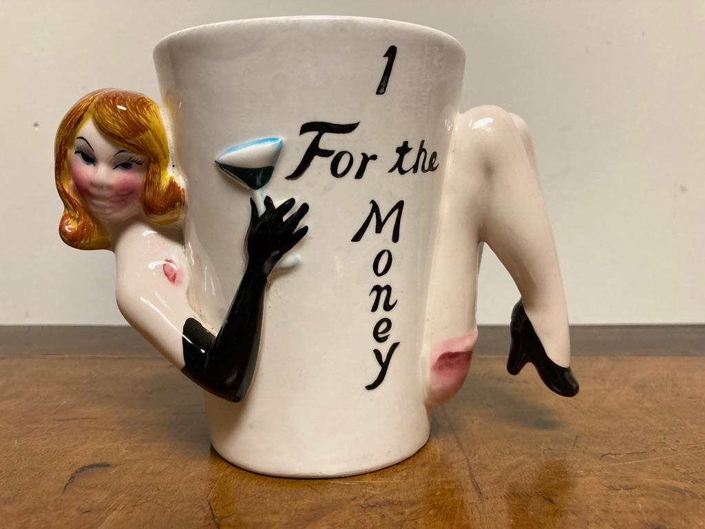 Amusing and rare full set of post war Japanese vintage erotic 'Party Girl' porcelain mugs by Shafford. Based on striptease burlesque, these will be great to help wake you up with your morning coffee, or for a stiff drink after a hard day of work. A