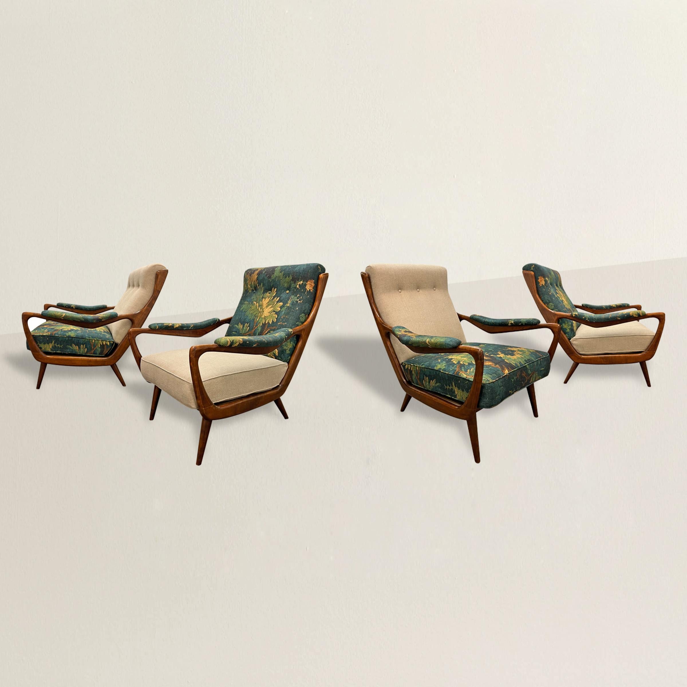 Elevate your interior with this set of four 1950s Danish Modern lounge chairs, a harmonious blend of mid-century elegance and contemporary style. The chic wood frames, emblematic of Danish Modern design, exemplify the movement's emphasis on natural
