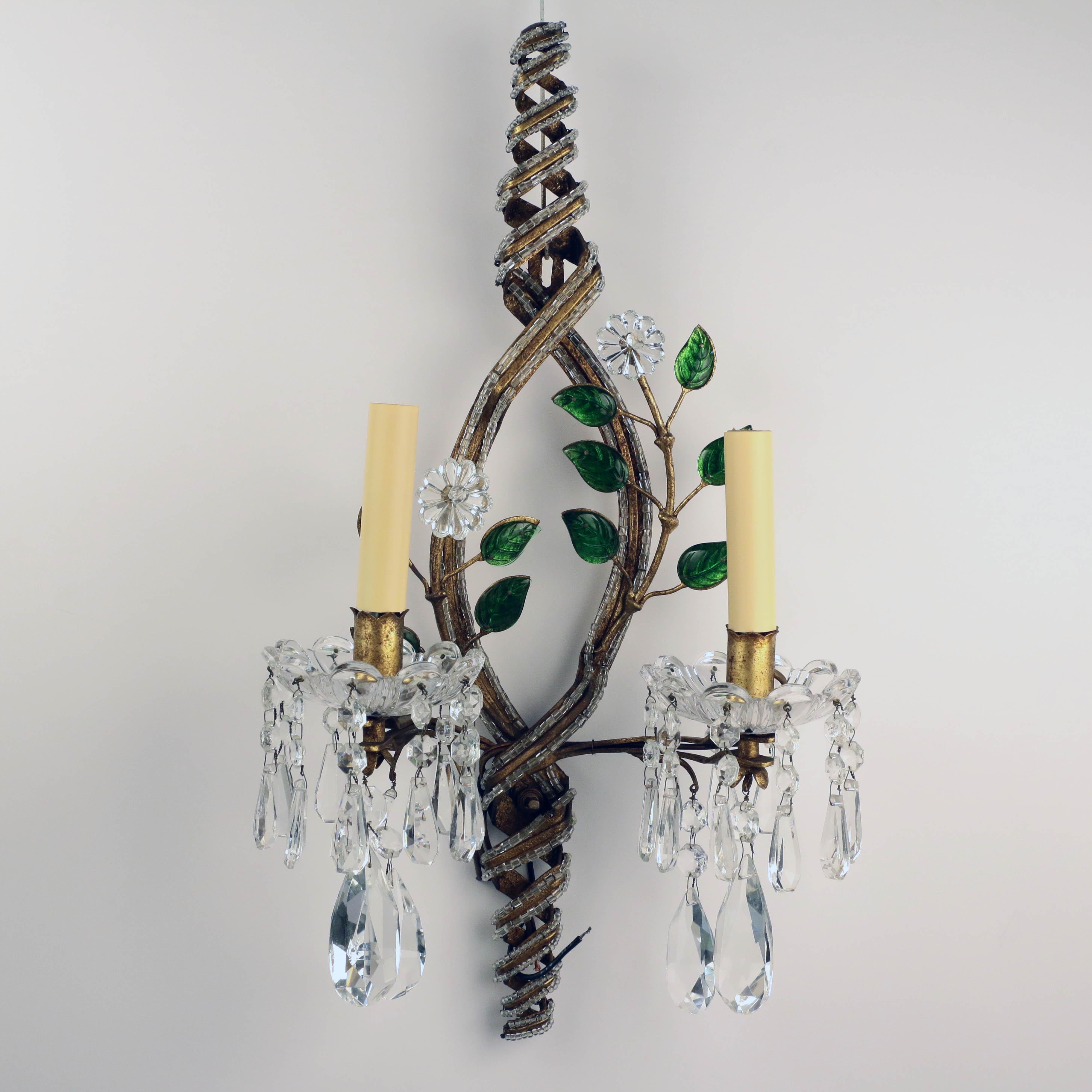 Mid-Century Modern Set of Four 1950s Italian Floral and Beaded Two-Light Wall Sconces