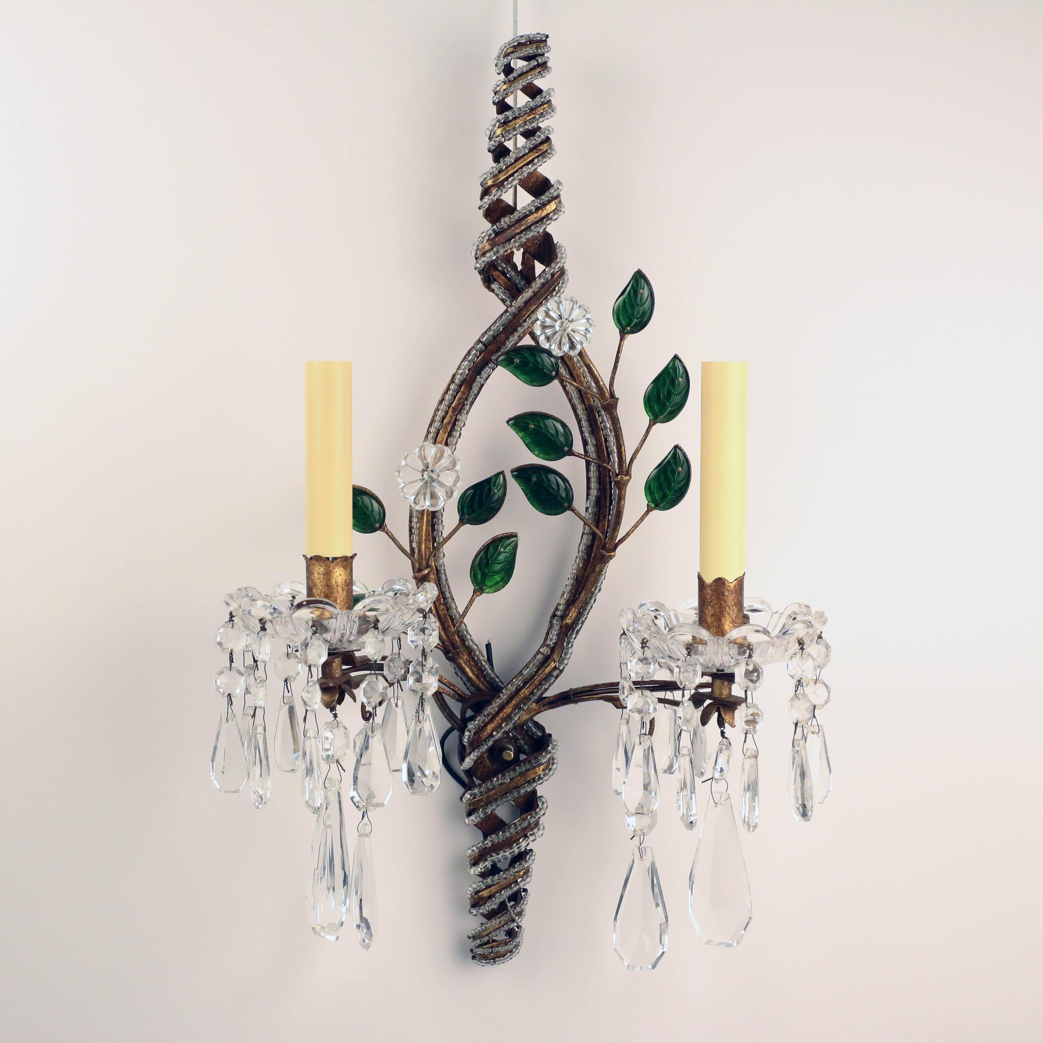 Hand-Crafted Set of Four 1950s Italian Floral and Beaded Two-Light Wall Sconces