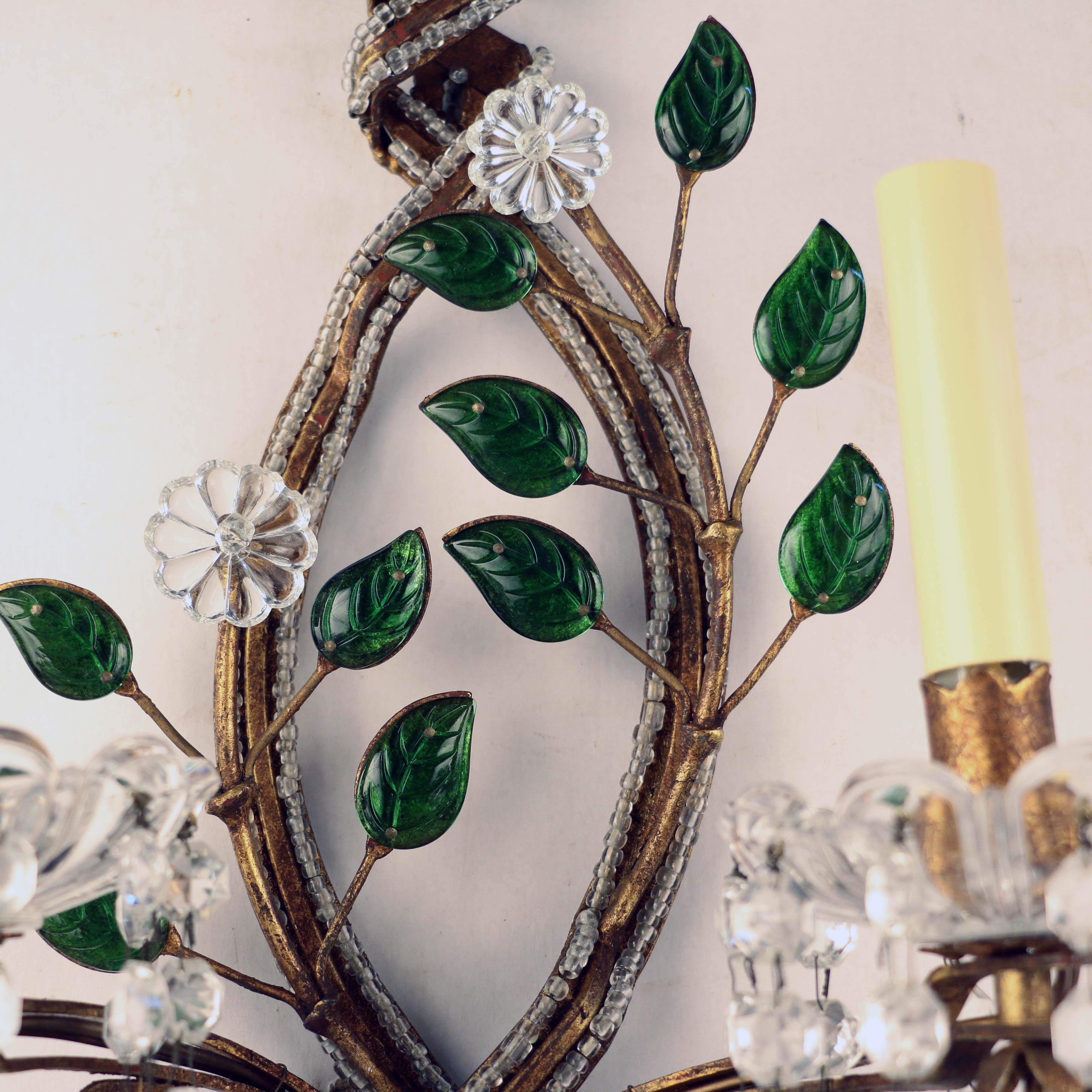 Mid-20th Century Set of Four 1950s Italian Floral and Beaded Two-Light Wall Sconces