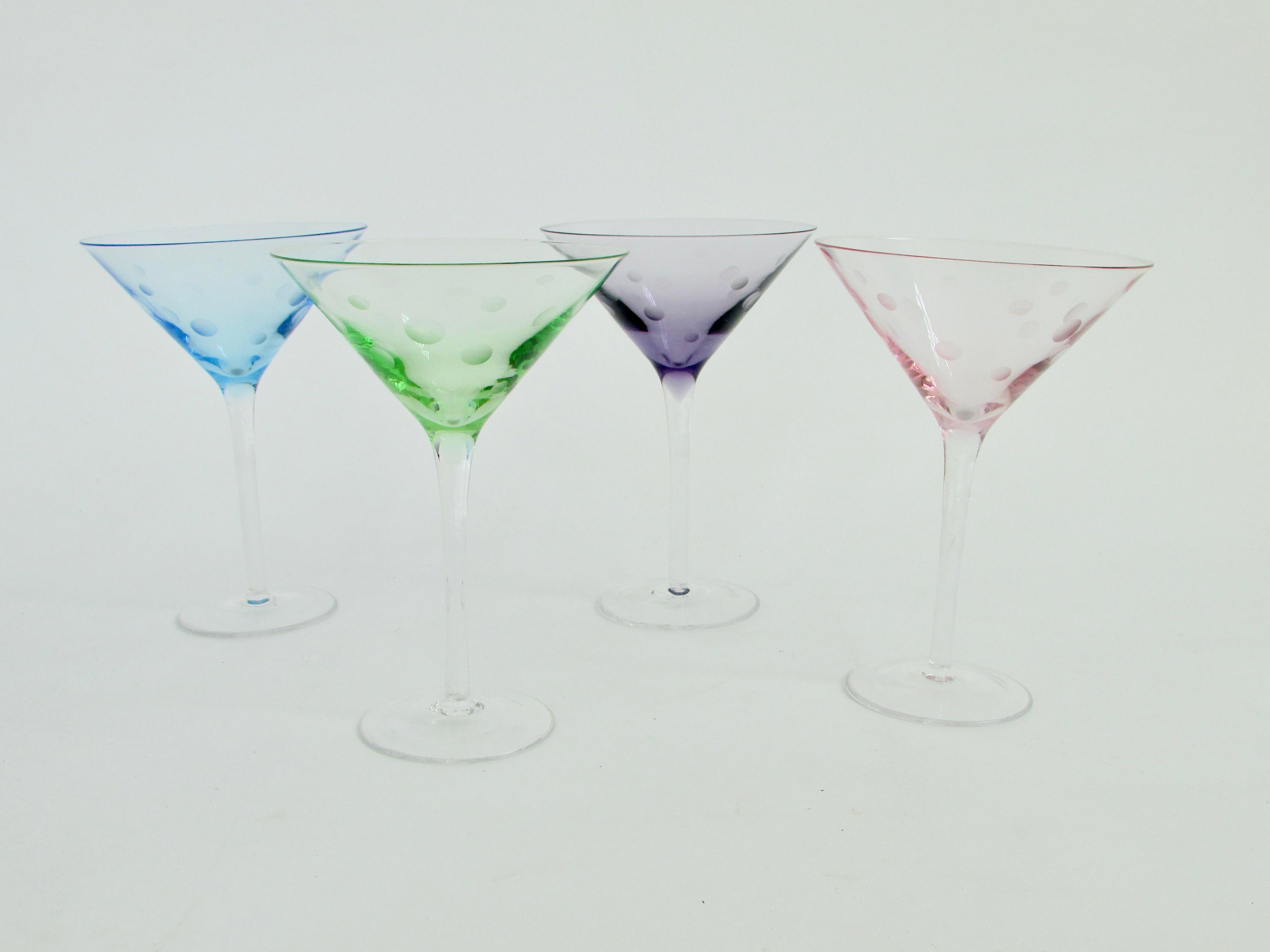 American Set of four 1950s martini glasses  green , blue , pink , amethyst  For Sale