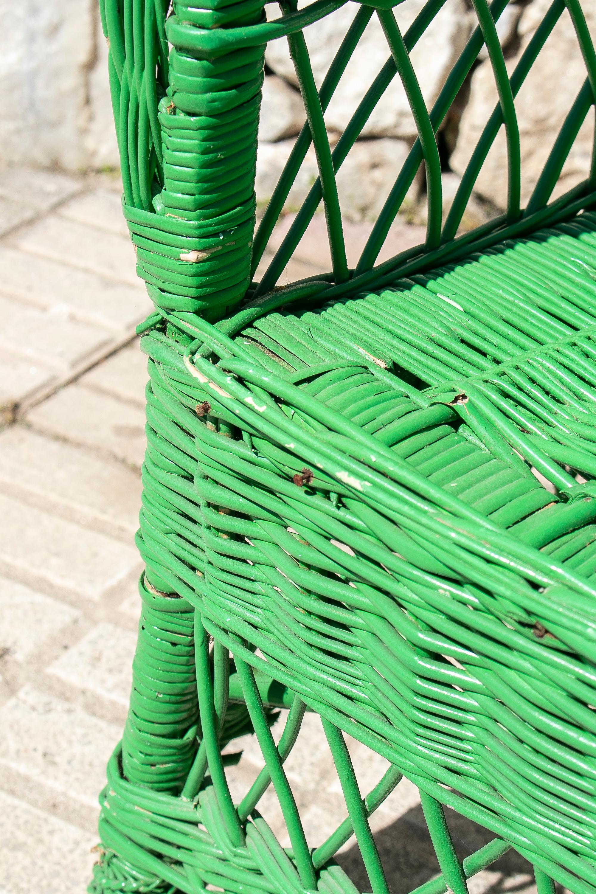 Set of Four 1950s Spanish Green Lace Wicker Armchairs 11