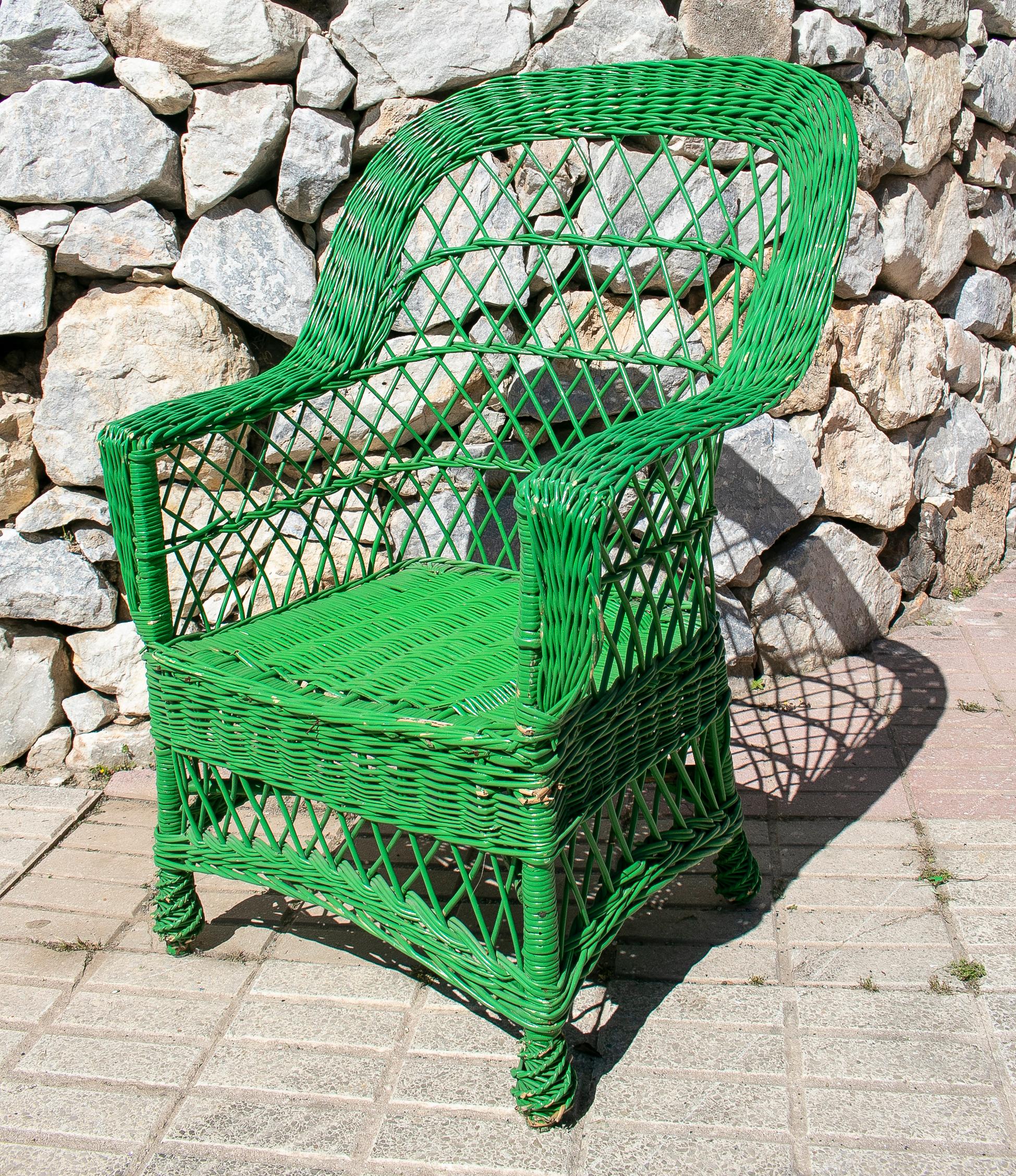 Set of Four 1950s Spanish Green Lace Wicker Armchairs In Good Condition In Marbella, ES