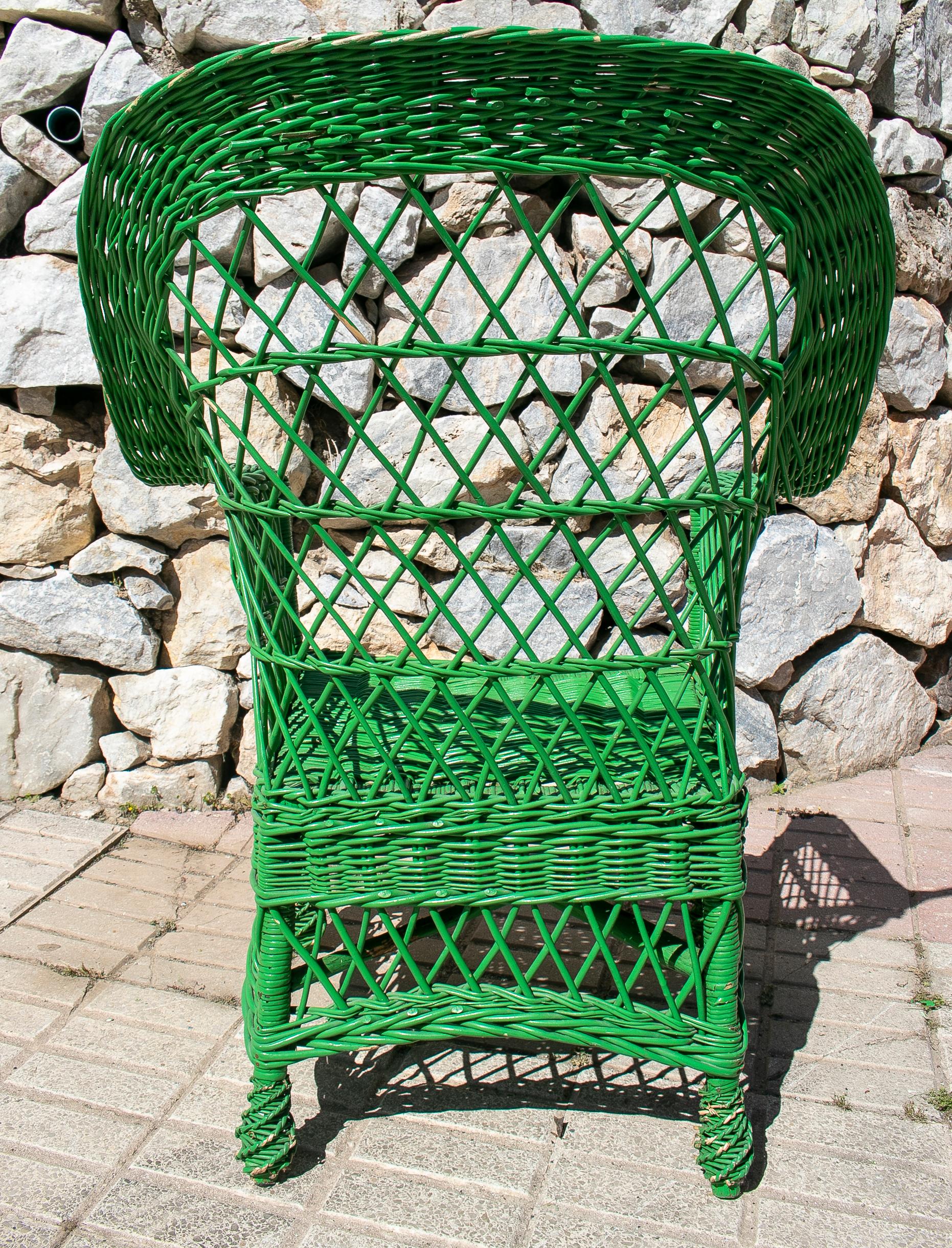 Set of Four 1950s Spanish Green Lace Wicker Armchairs 1