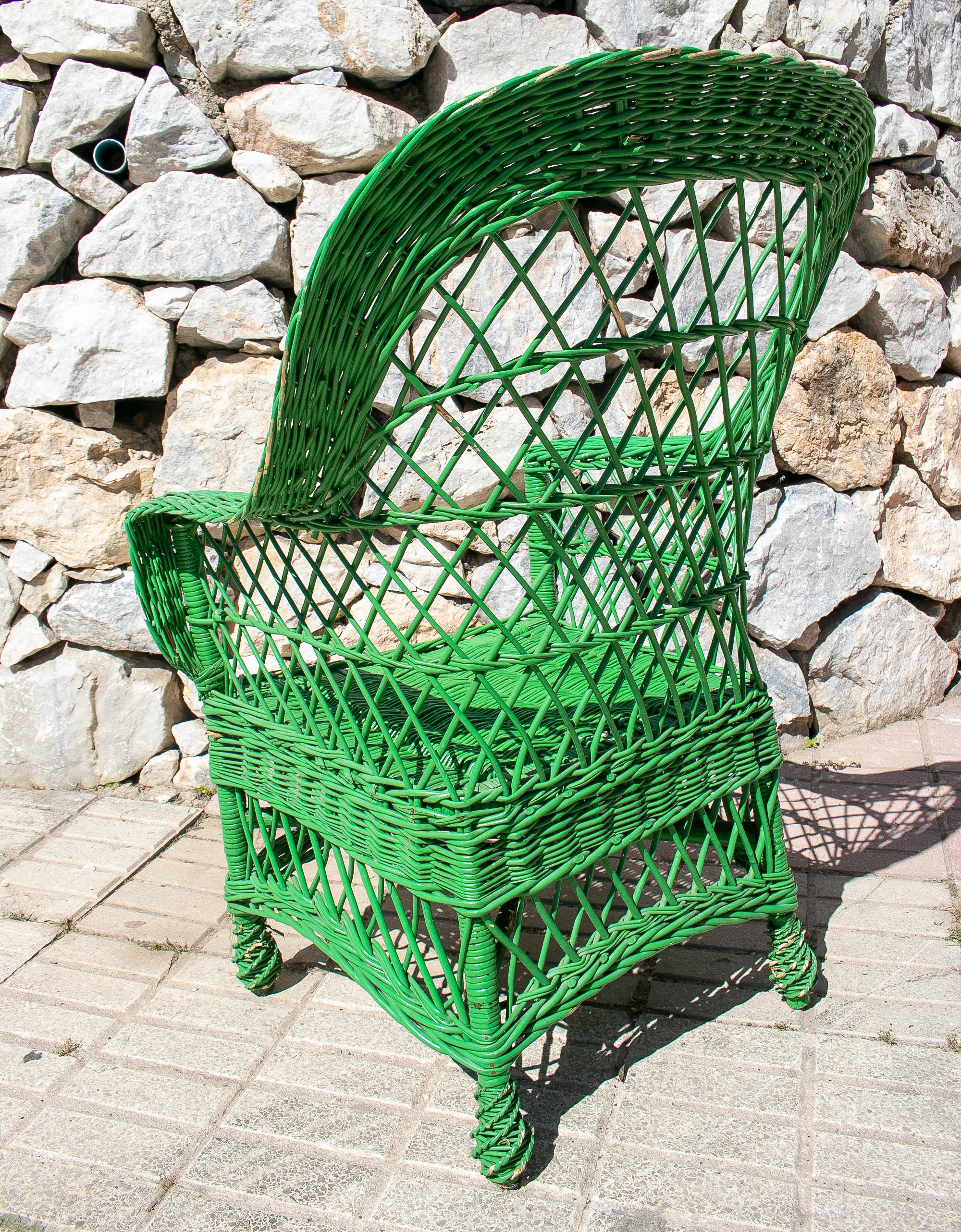 Set of Four 1950s Spanish Green Lace Wicker Armchairs 2