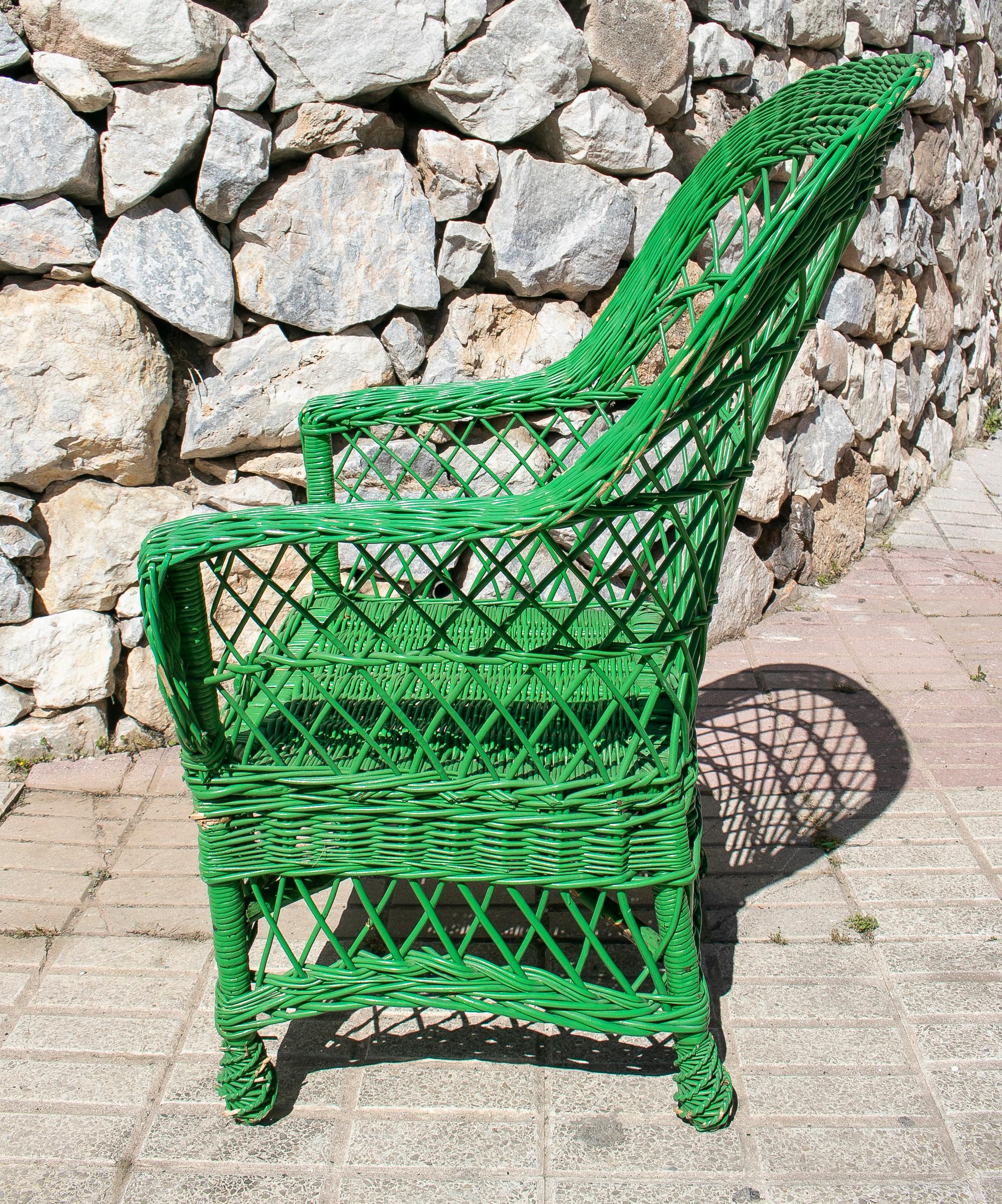 Set of Four 1950s Spanish Green Lace Wicker Armchairs 3
