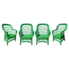 Set of Four 1950s Spanish Green Lace Wicker Armchairs