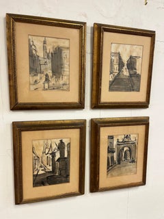 Set of Four 1951 Paris Ink and Wash Drawings by Silver in Vintage Gilt Frames