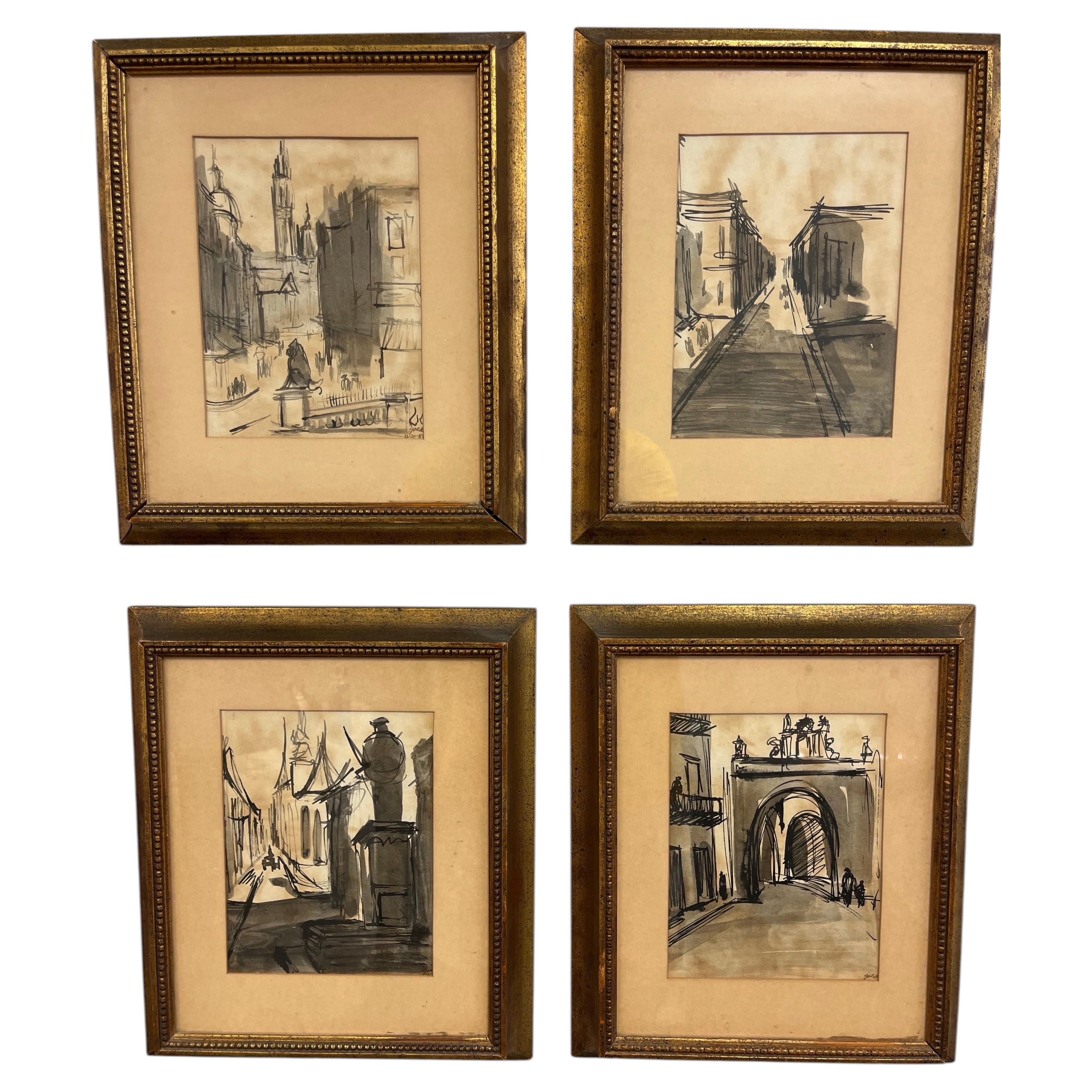 Ensemble de quatre dessins à l'encre et au lavis réalisés à Paris en 1951 par A. Silver, dans des cadres dorés d'époque