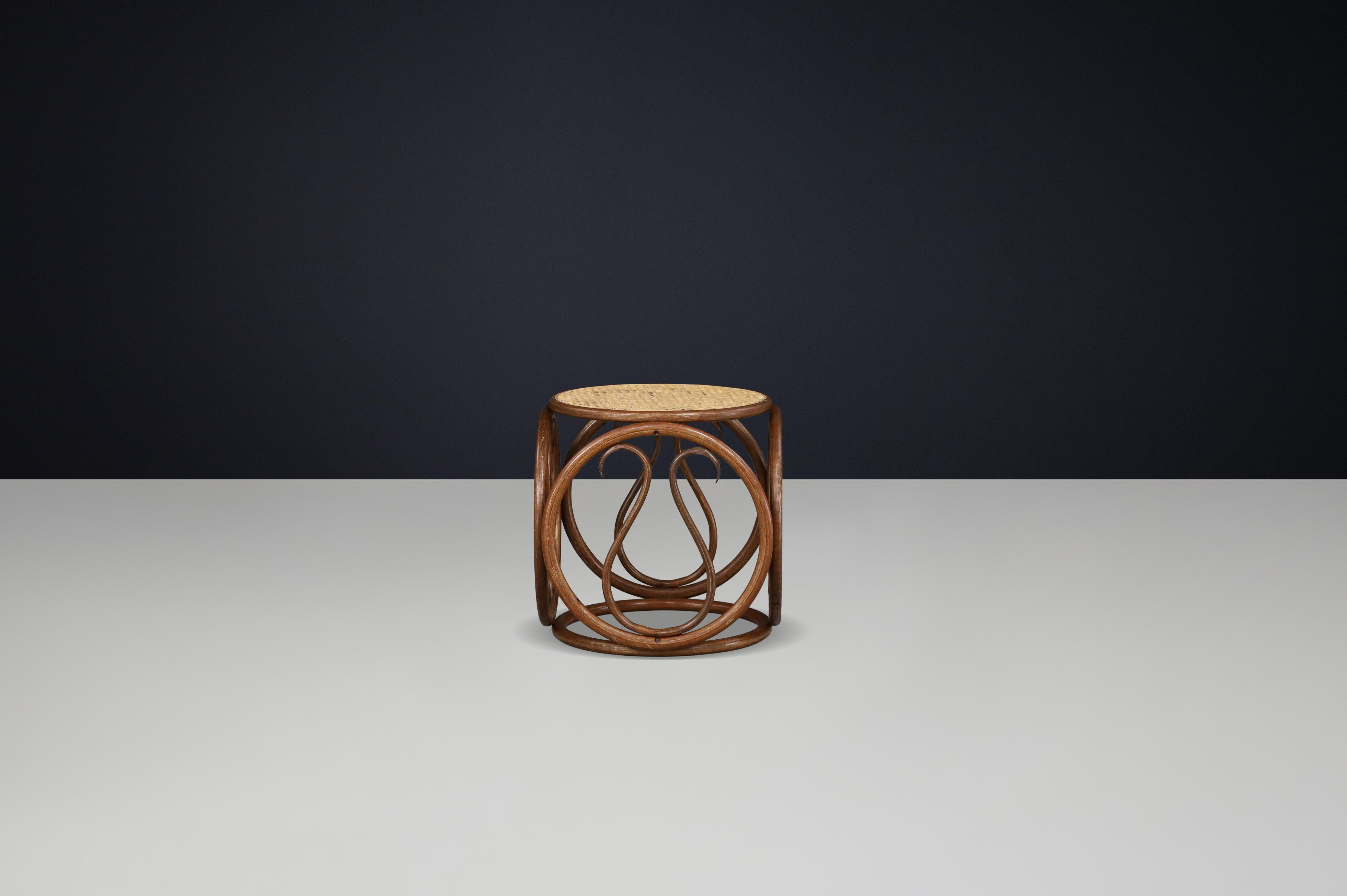Set of Four 1960s Austrian Bentwood and Cane Stools / Side Tables Attr. Thonet For Sale 5