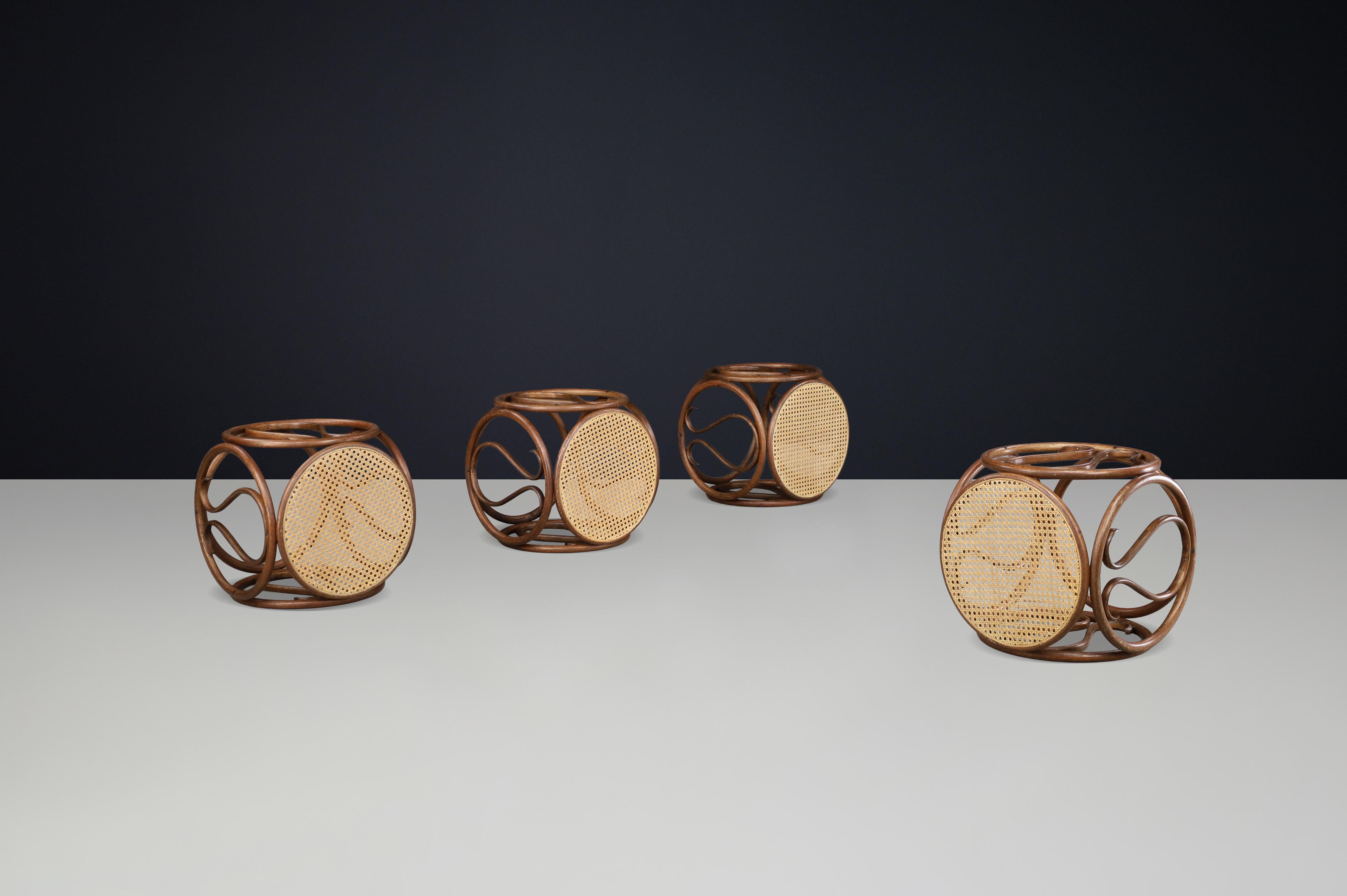 Vienna Secession Set of Four 1960s Austrian Bentwood and Cane Stools / Side Tables Attr. Thonet For Sale