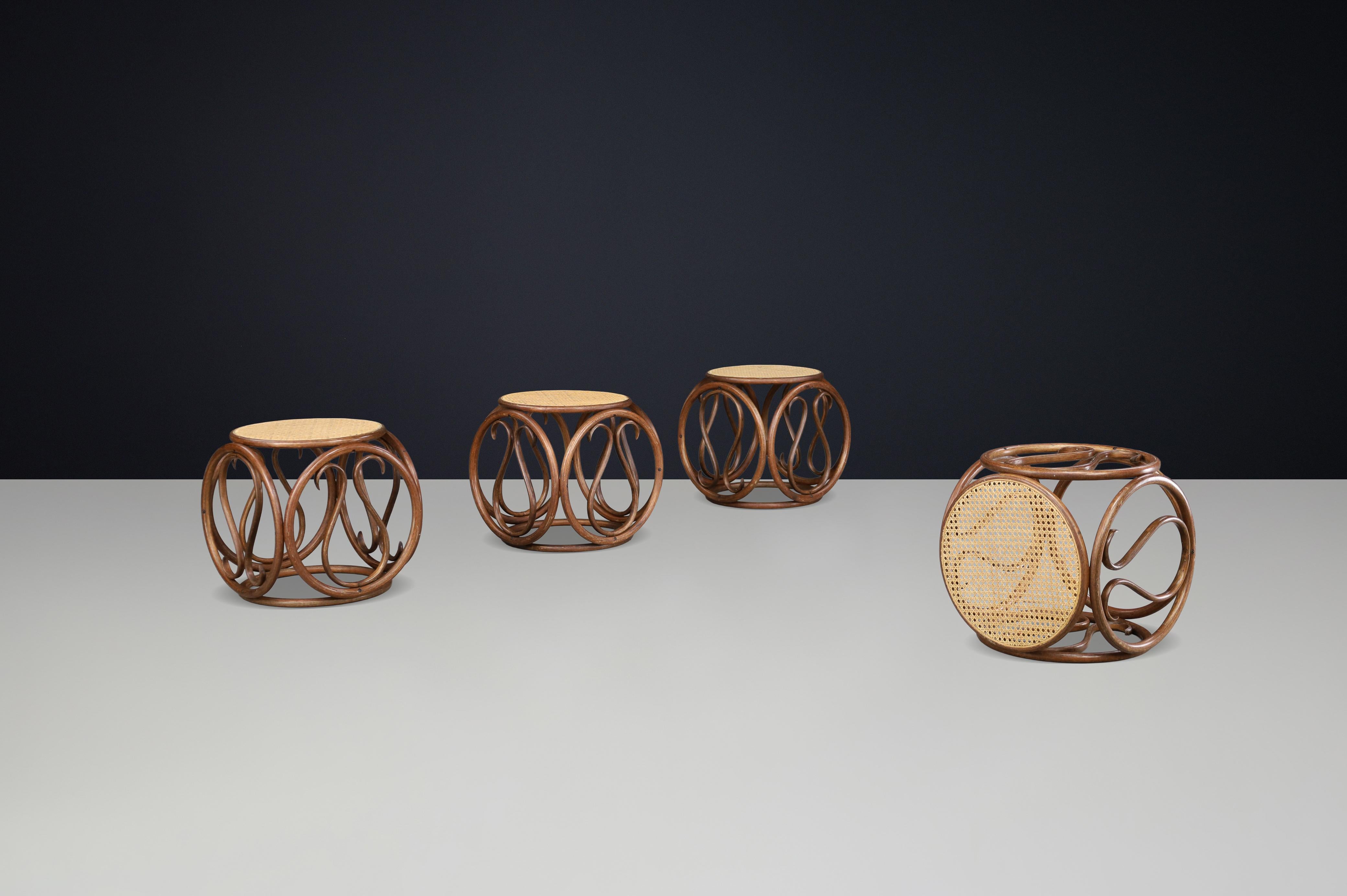 Set of Four 1960s Austrian Bentwood and Cane Stools / Side Tables Attr. Thonet In Good Condition For Sale In Almelo, NL