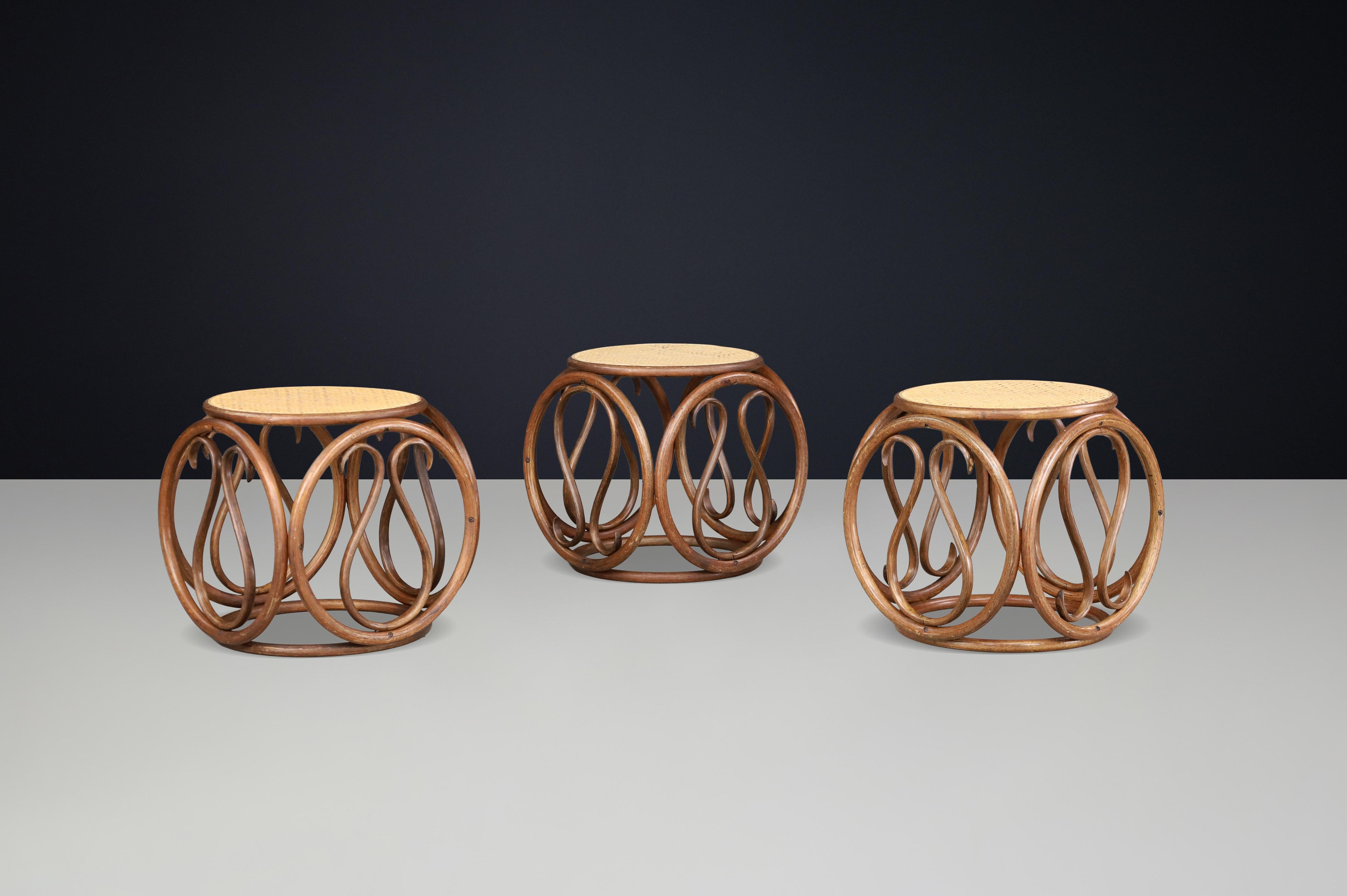 20th Century Set of Four 1960s Austrian Bentwood and Cane Stools / Side Tables Attr. Thonet For Sale