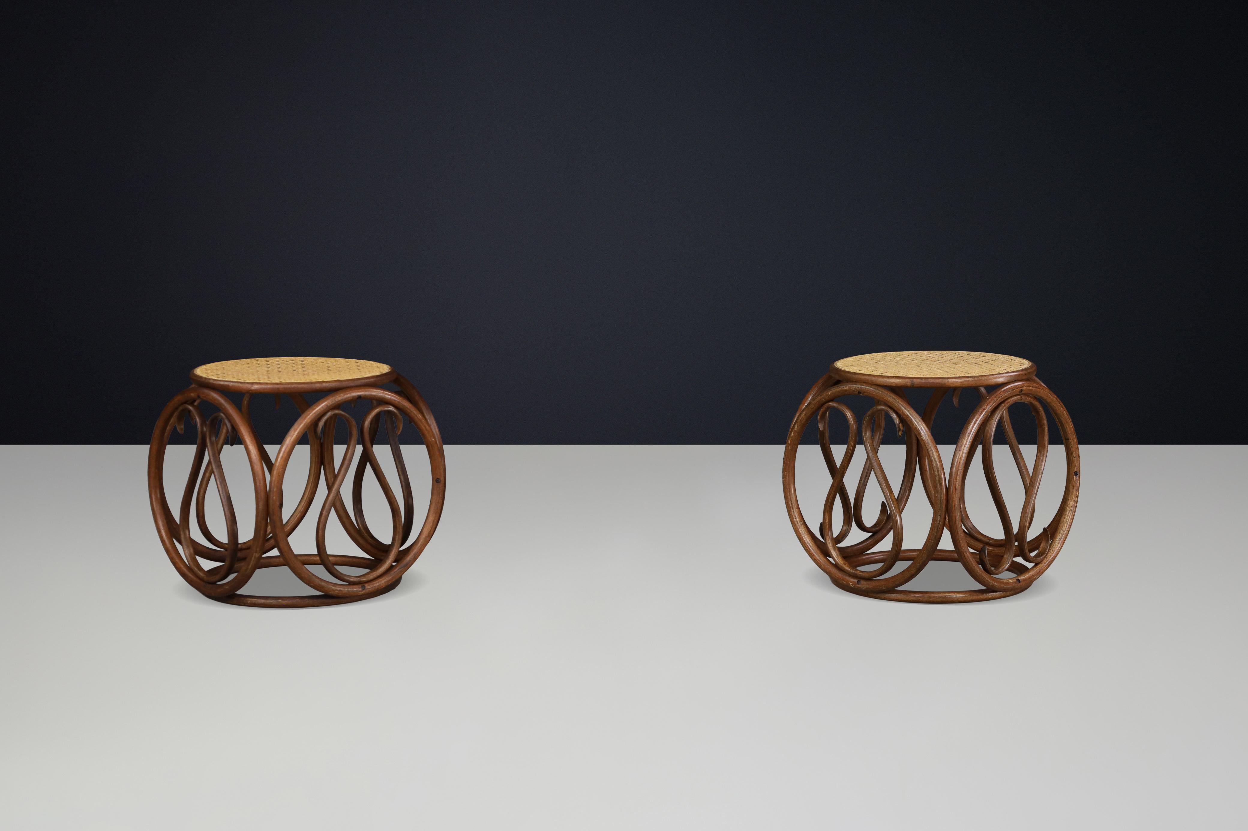 Set of Four 1960s Austrian Bentwood and Cane Stools / Side Tables Attr. Thonet For Sale 1