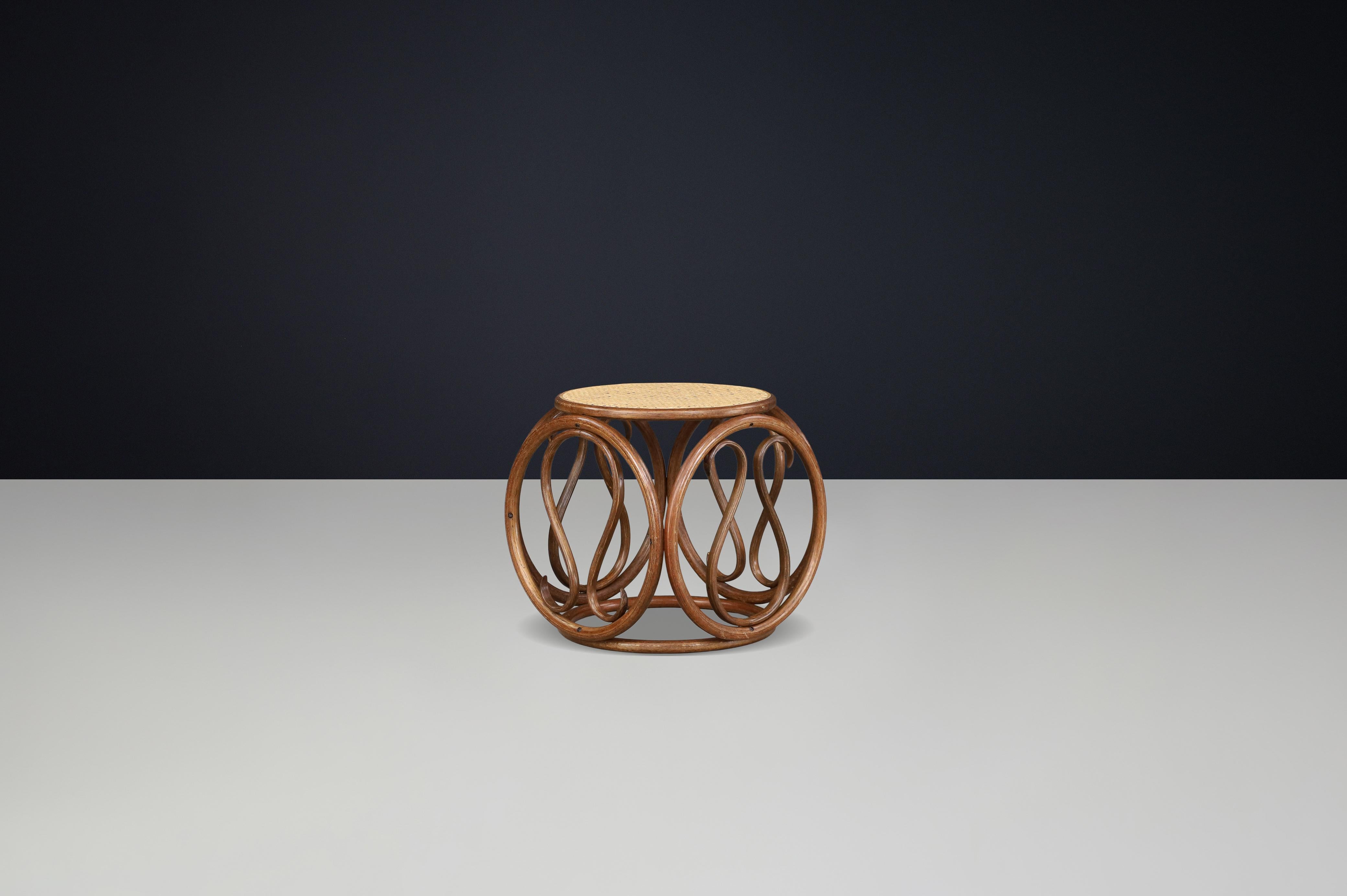Set of Four 1960s Austrian Bentwood and Cane Stools / Side Tables Attr. Thonet For Sale 2