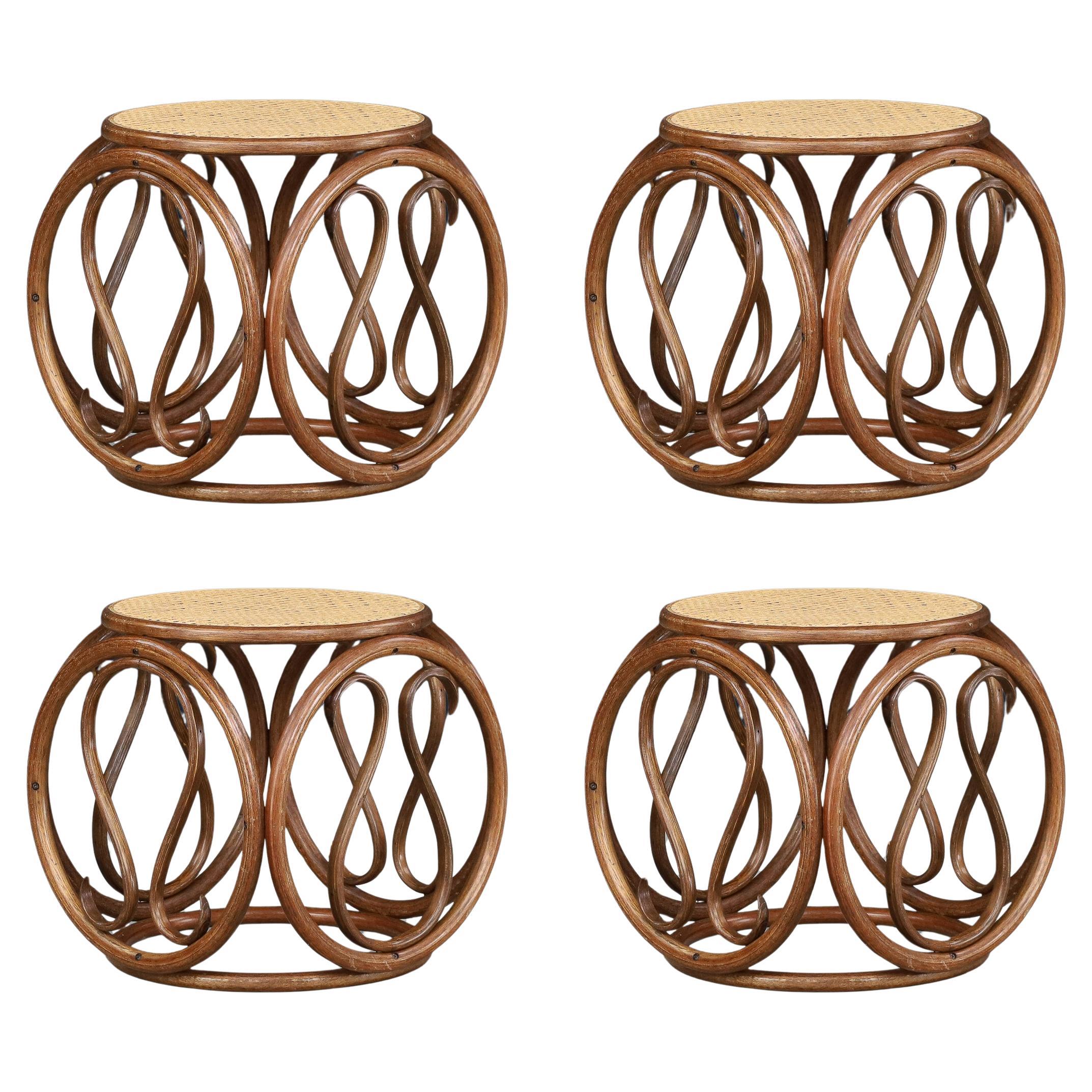 Set of Four 1960s Austrian Bentwood and Cane Stools / Side Tables Attr. Thonet For Sale