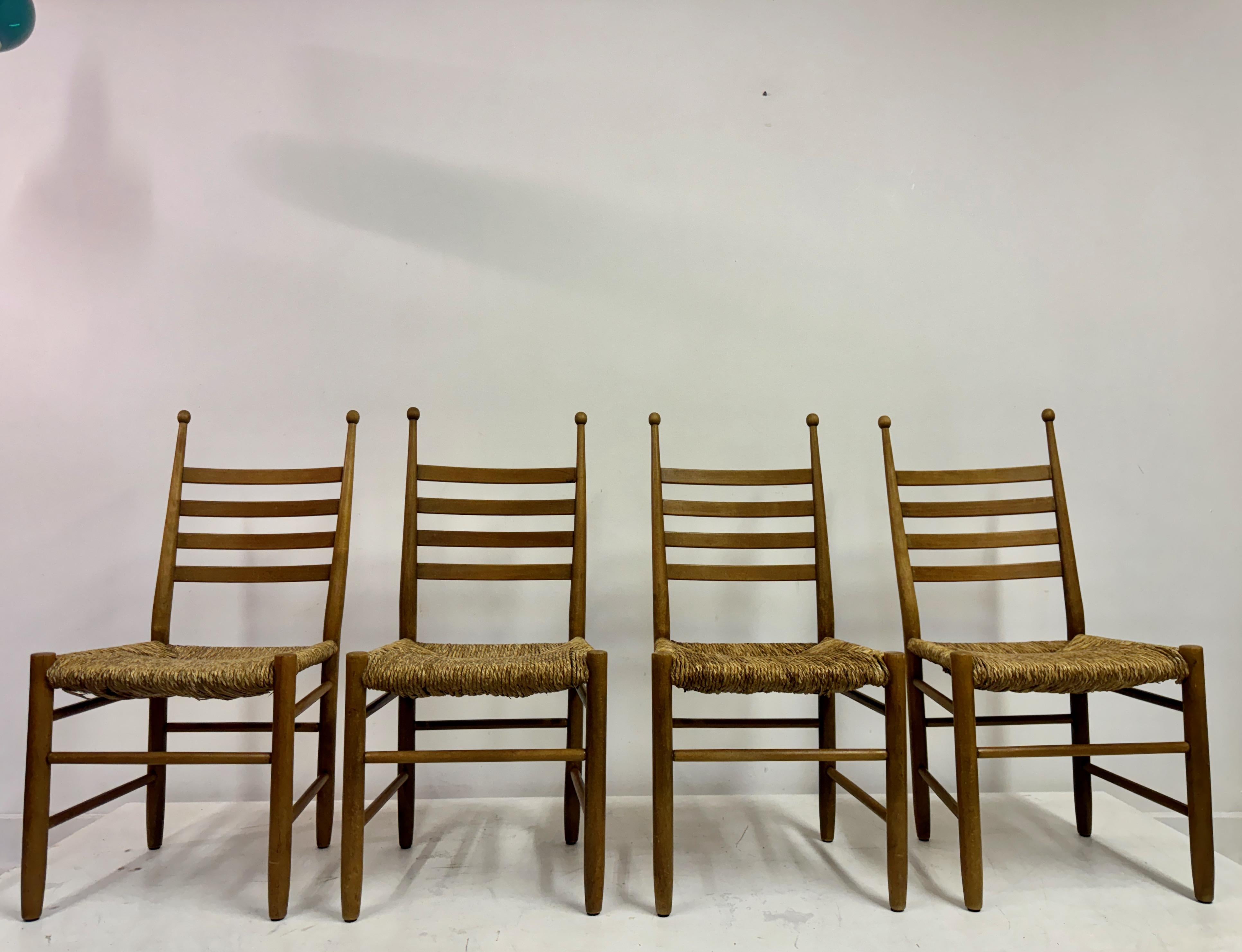 Four dining chairs

Beech

Rush seats

Ladderbacks

Ball finials

Seat height 45cm

Netherlands 1960s
