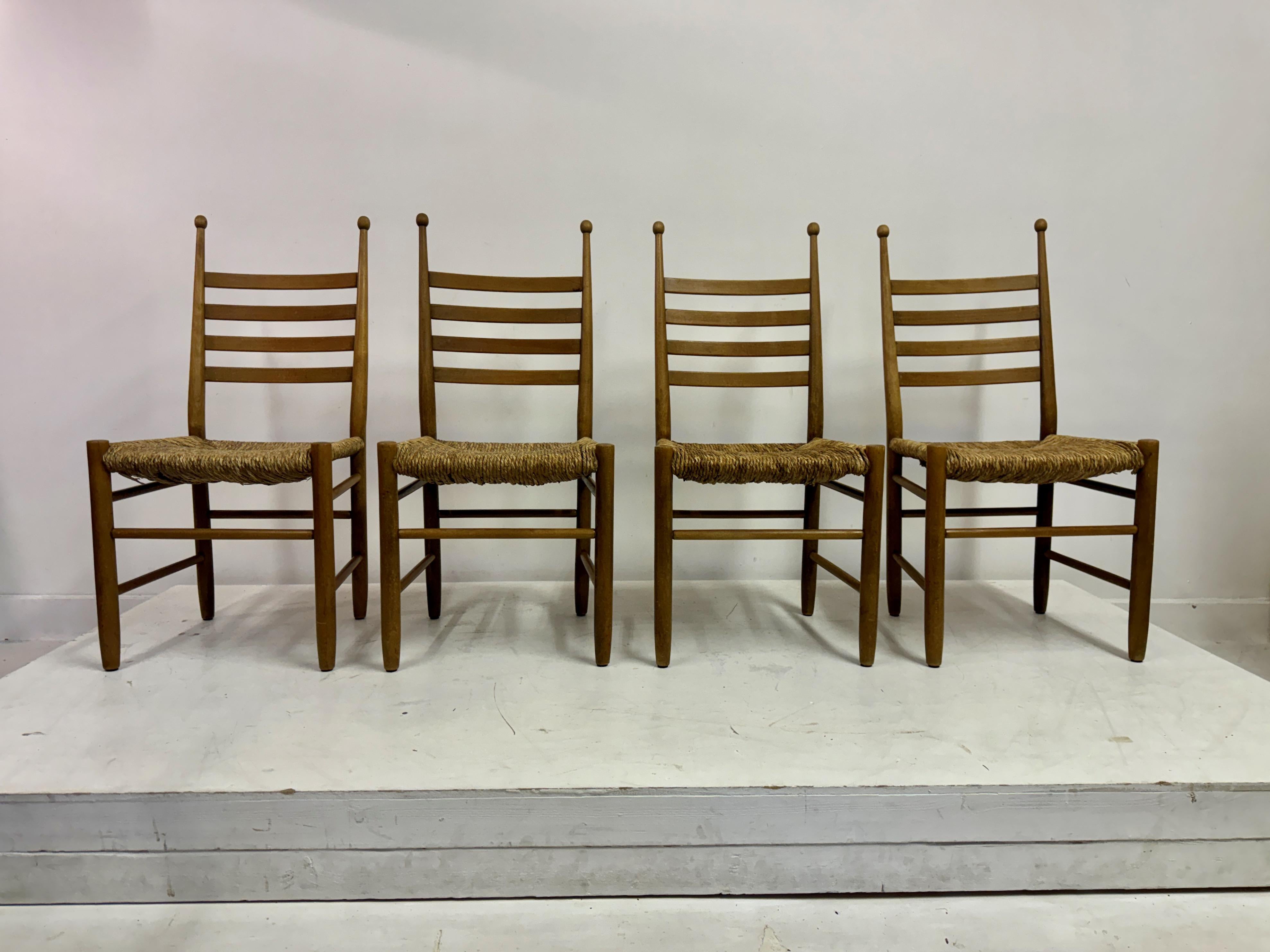 Mid-Century Modern Set of Four 1960s Beech and Rush Dining Chairs For Sale